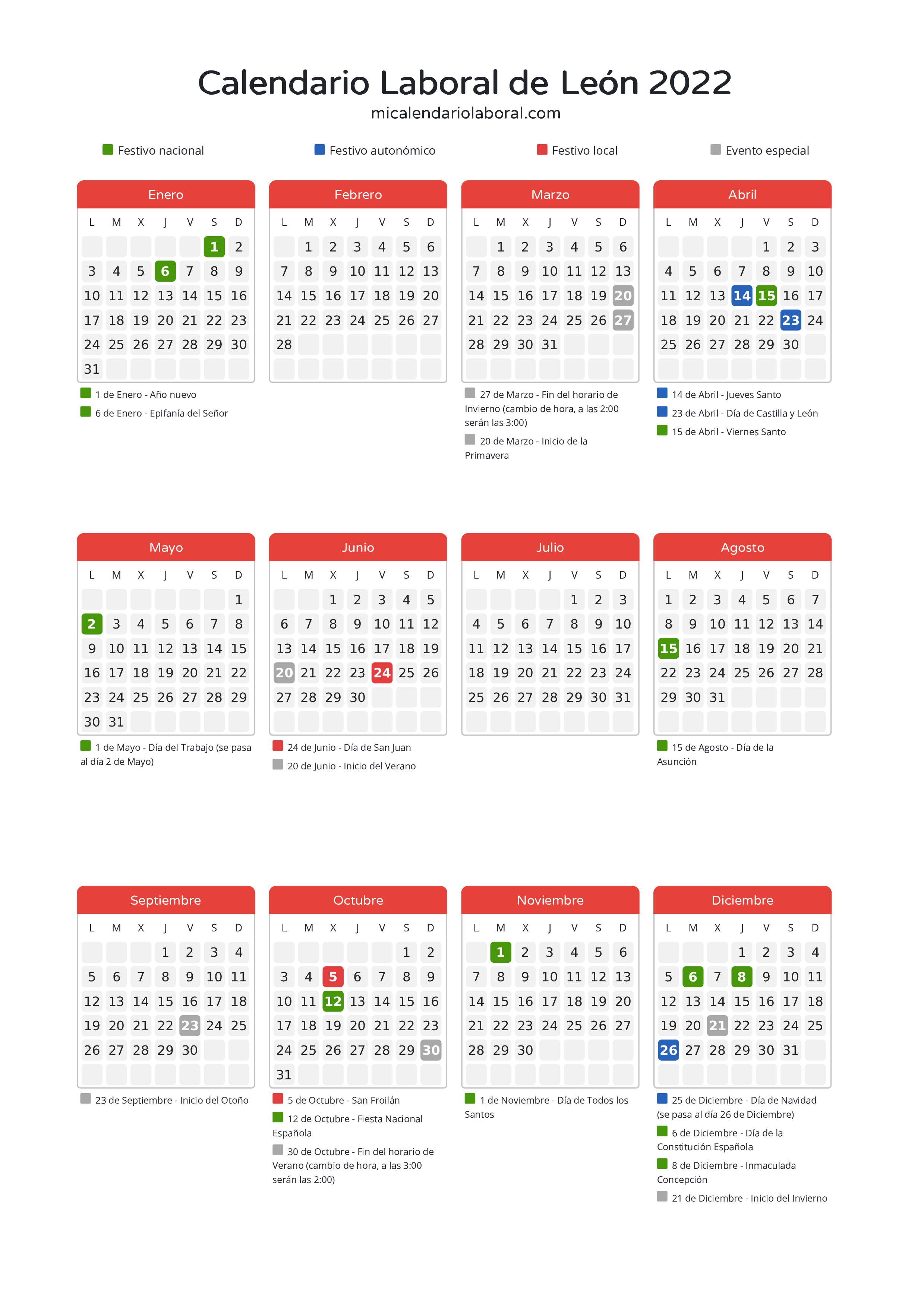 Calendario Laboral de León 2022 - Días festivos - Descubre todos los festivos, días no laborables y días inhábiles en el calendario de León propuestos por Junta de Castilla y León. Organiza tus vacaciones y puentes en 2022.