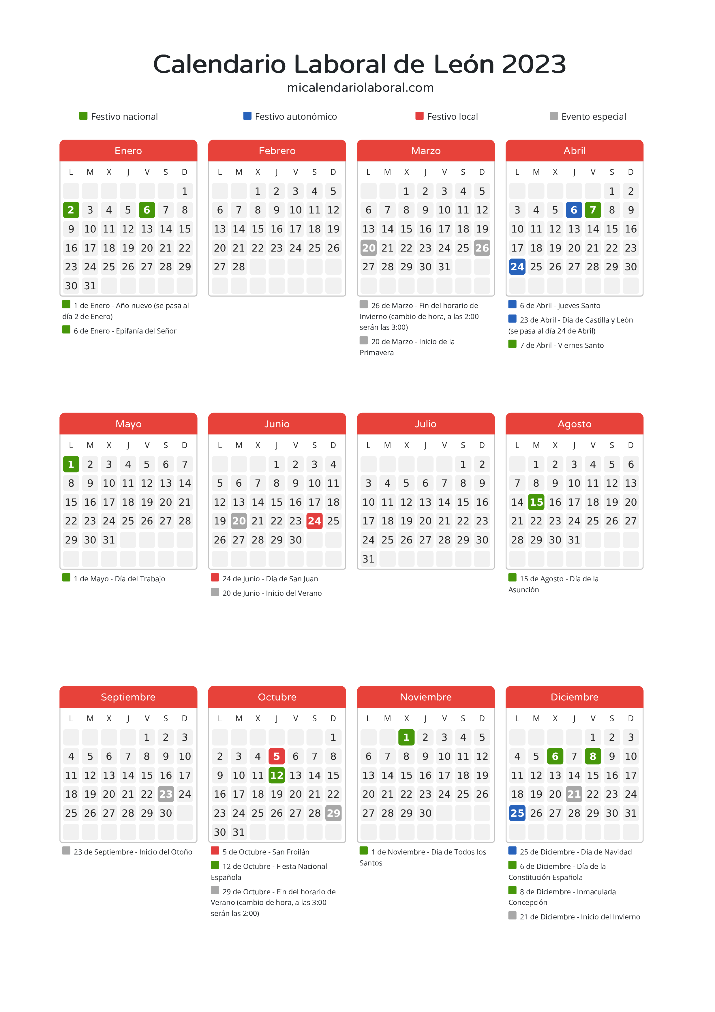 Calendario Laboral de León 2023 - Días festivos - Aquí tienes todos los días festivos, no laborables y días inhábiles de la provincia del calendario de León del año 2023