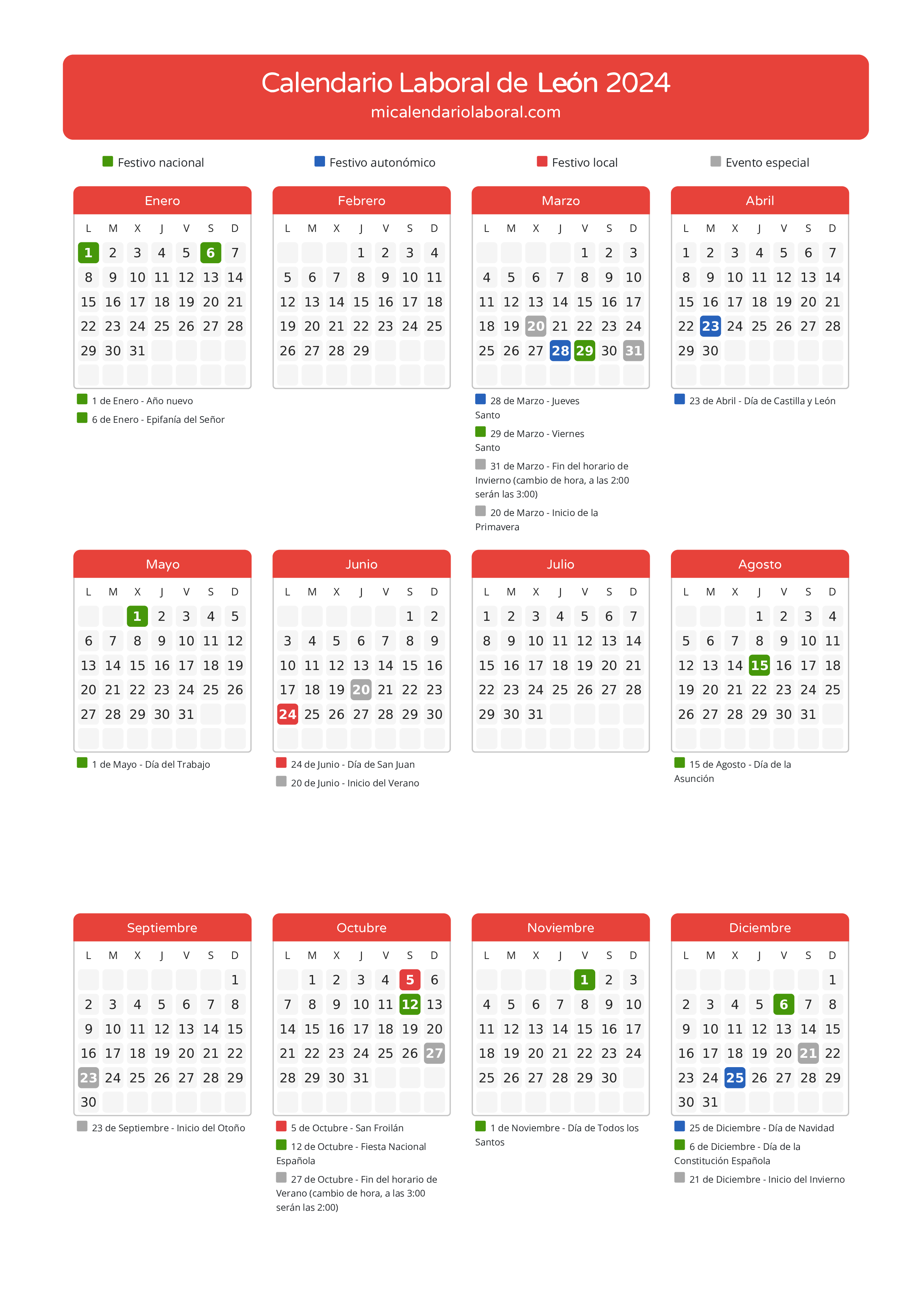 Calendario Laboral de León 2024 - Días festivos - Aquí tienes todos los días festivos, no laborables y días inhábiles de la provincia del calendario de León del año 2024