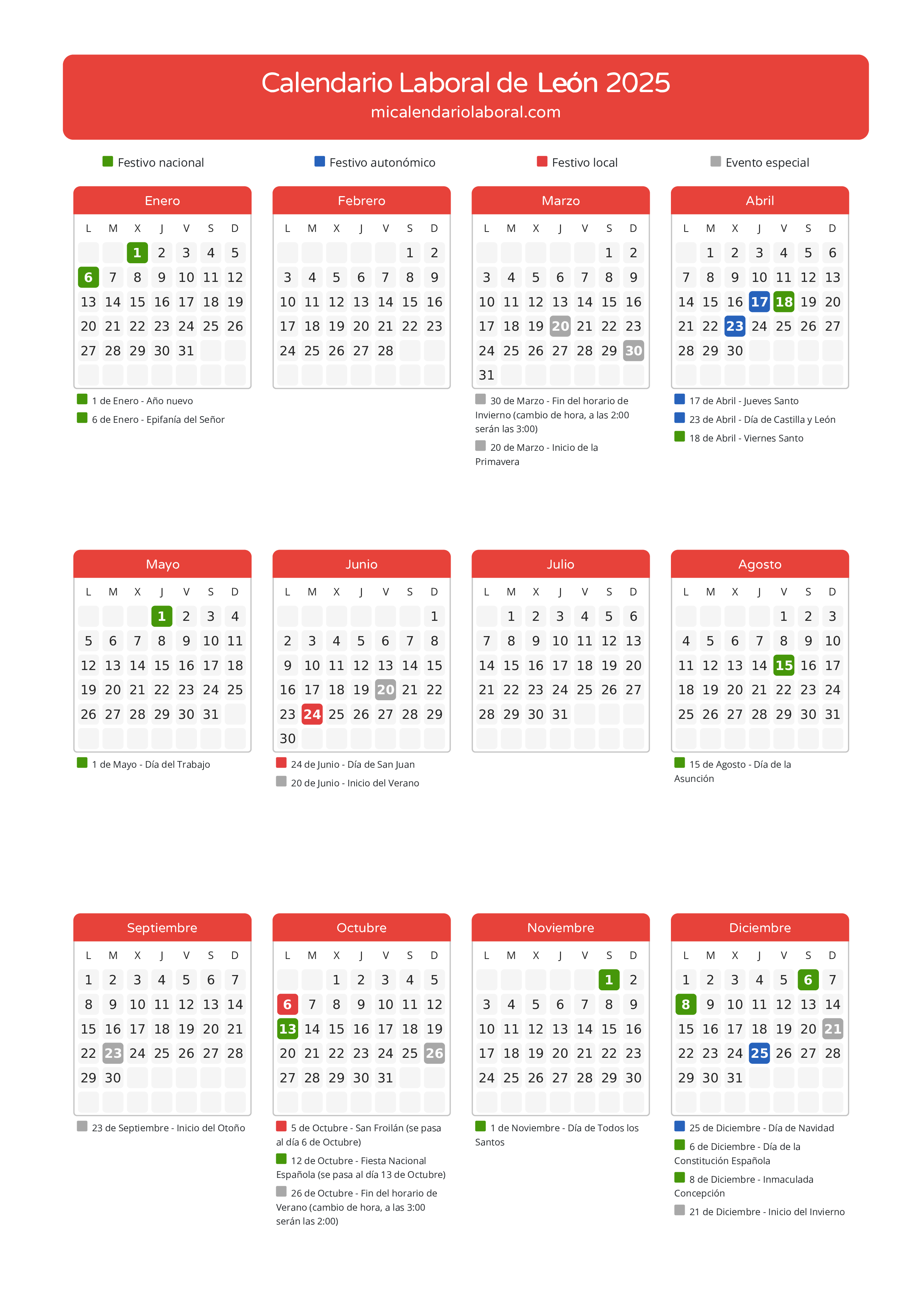 Calendario Laboral de León 2025 - Días festivos - Aquí tienes todos los días festivos, no laborables y días inhábiles de la provincia del calendario de León del año 2025