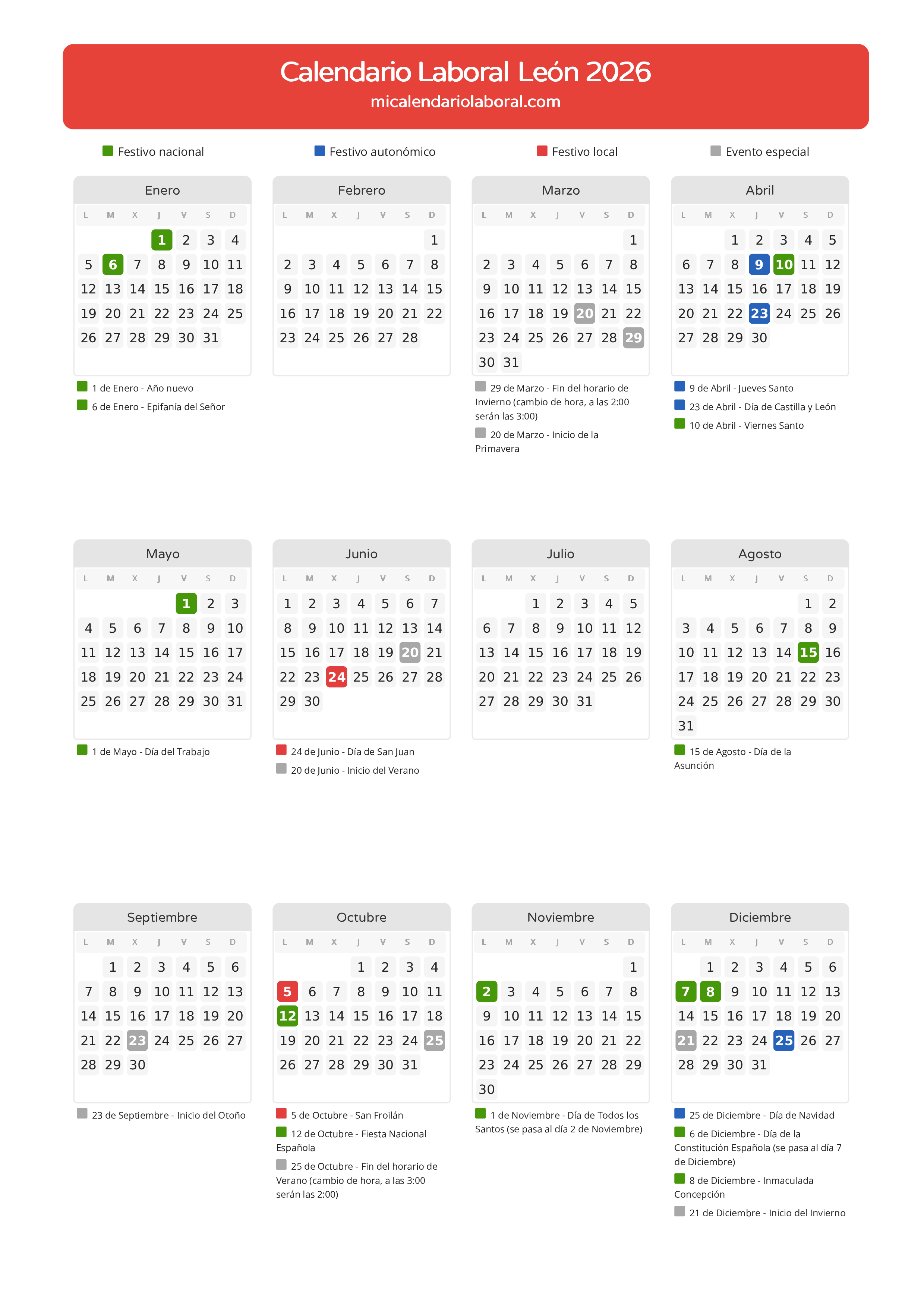 Calendario Laboral de León 2026 - Días festivos - Todos los festivos y días no laborables del calendario de León propuestos por Junta de Castilla y León. Organiza tus vacaciones y puentes en 2026.