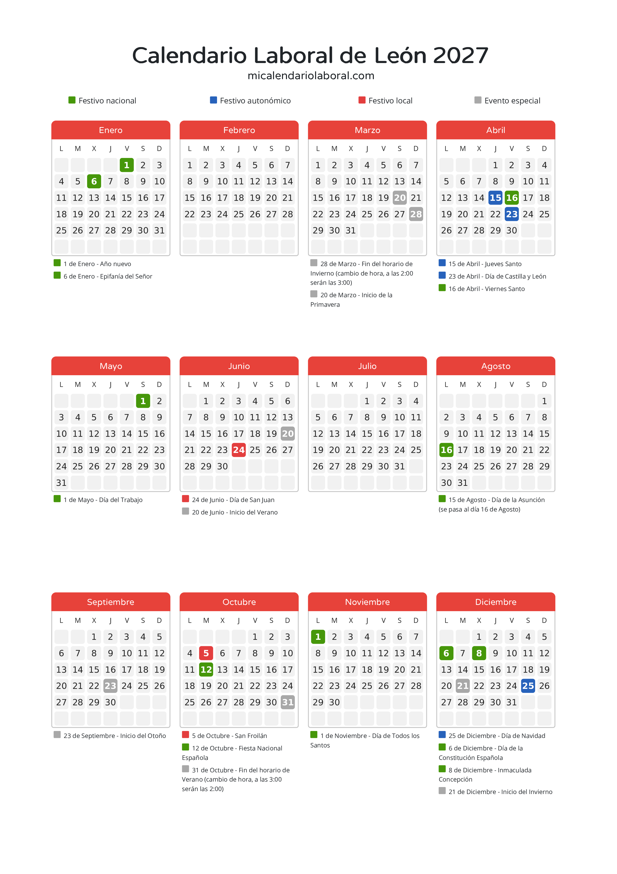 Calendario Laboral de León 2027 - Días festivos - Descubre todos los festivos, días no laborables y días inhábiles en el calendario de León propuestos por Junta de Castilla y León. Organiza tus vacaciones y puentes en 2027.