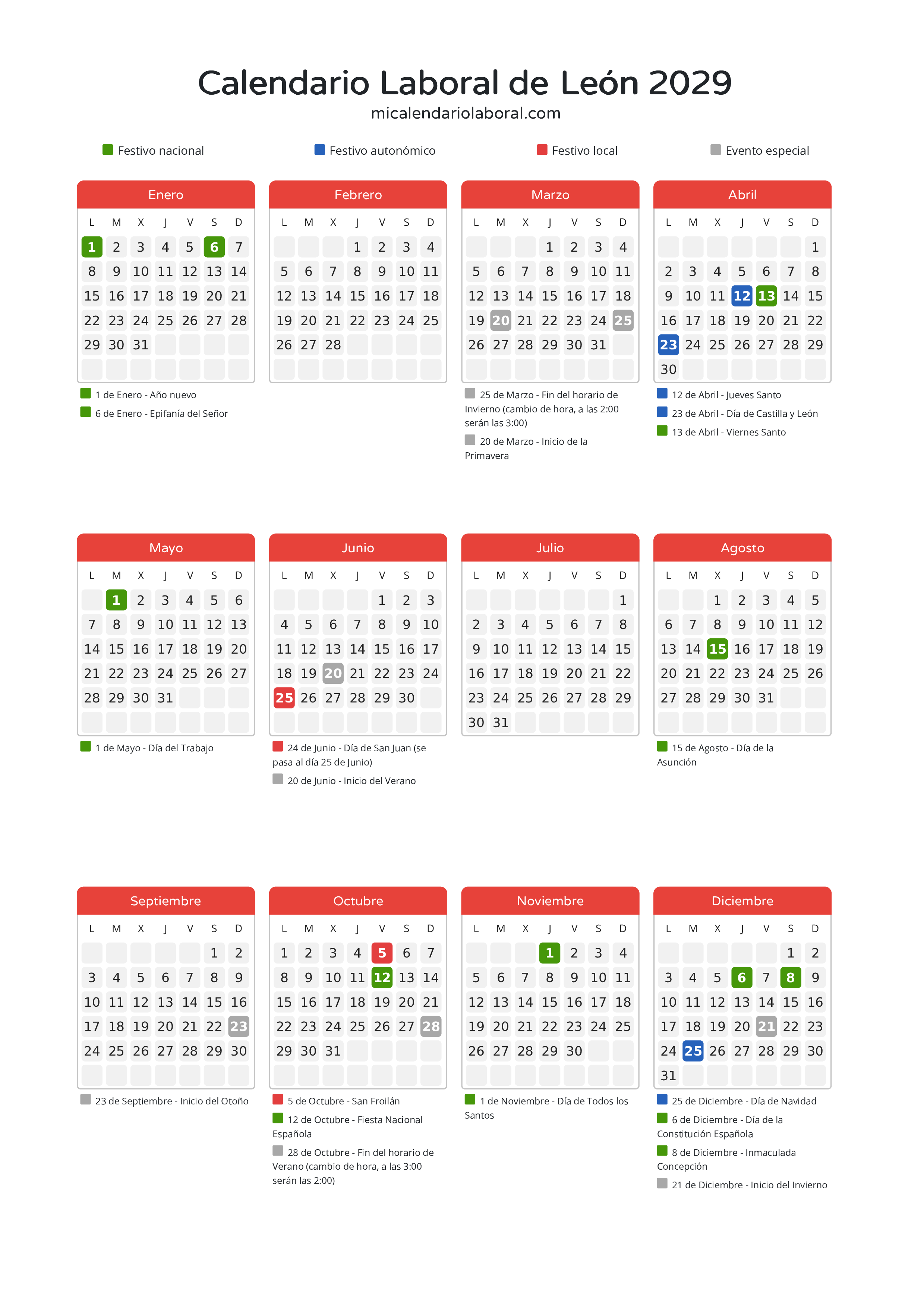Calendario Laboral de León 2029 - Días festivos - Descubre todos los festivos, días no laborables y días inhábiles en el calendario de León propuestos por Junta de Castilla y León. Organiza tus vacaciones y puentes en 2029.