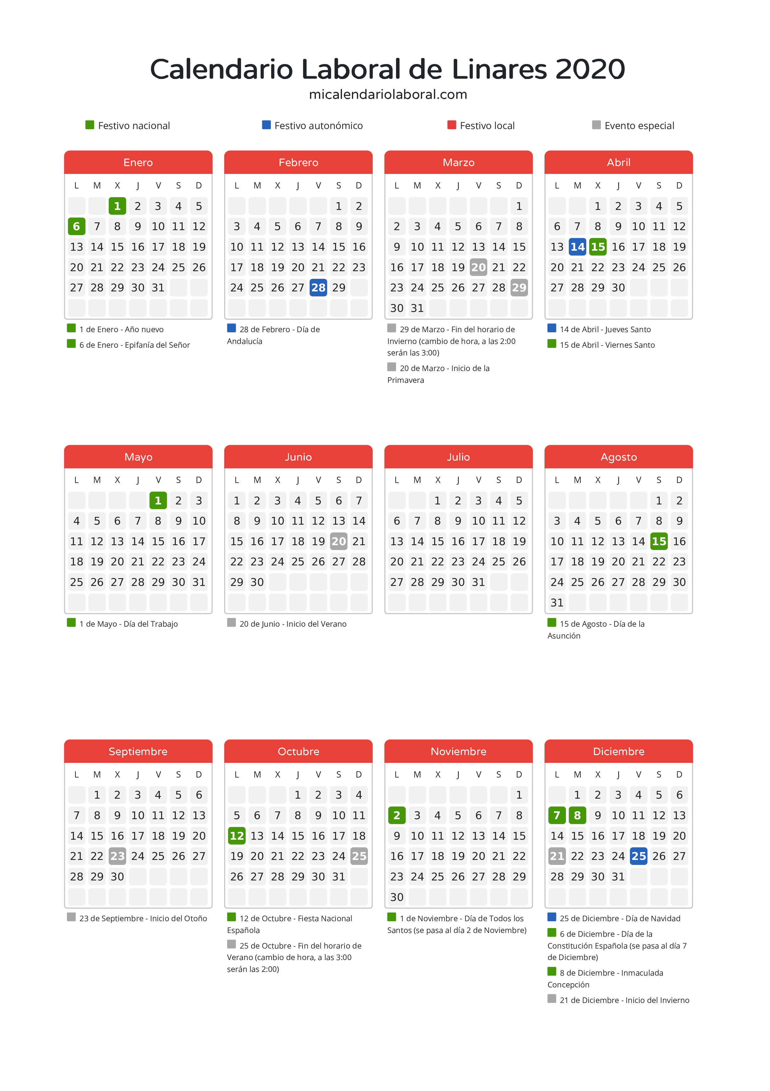 Calendario Laboral de Linares 2020 - Días festivos - Descubre todos los festivos, días no laborables y días inhábiles en el calendario de Linares propuestos por Junta de Andalucía. Organiza tus vacaciones y puentes en 2020.