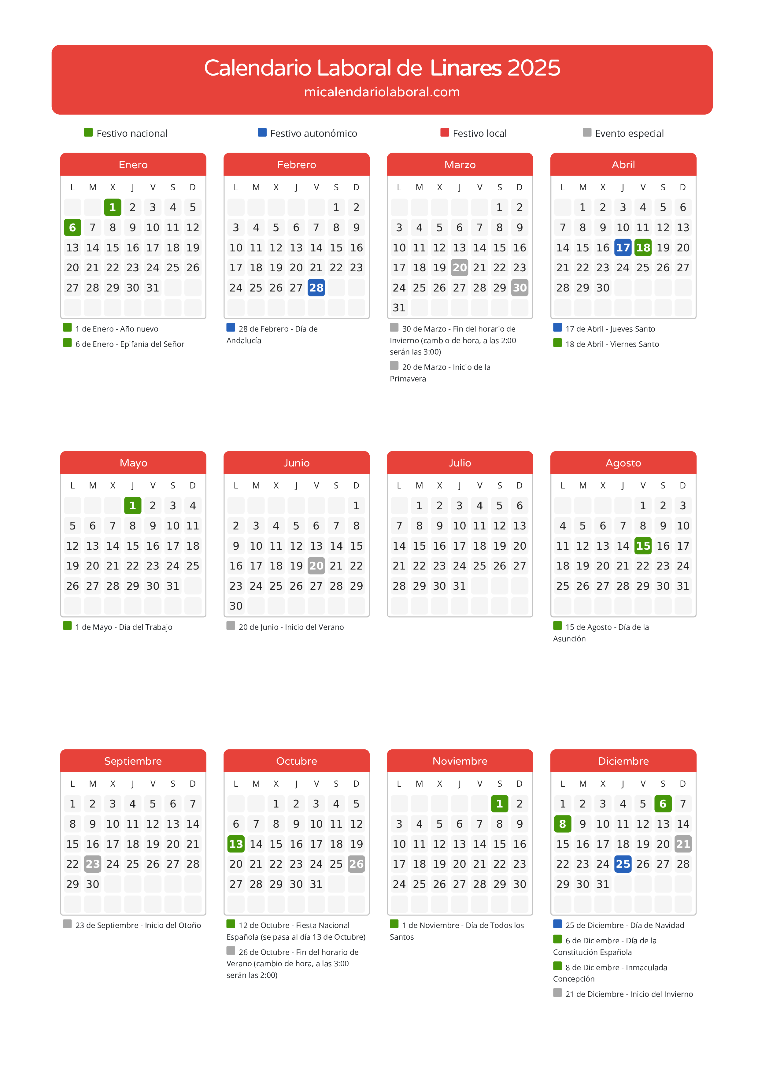Calendario Laboral de Linares 2025 - Días festivos - Descubre todos los festivos, días no laborables y días inhábiles en el calendario de la provincia de Linares propuestos por Junta de Andalucía. Anticípate a los eventos y organiza tus vacaciones y puentes en 2025.