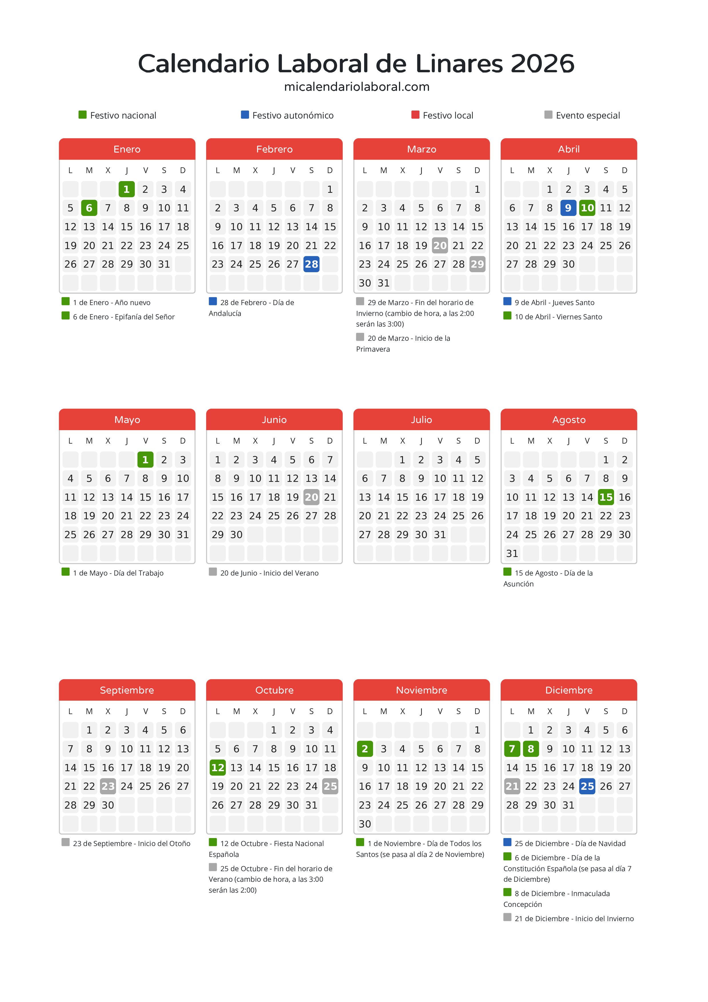 Calendario Laboral de Linares 2026 - Días festivos - Descubre todos los festivos, días no laborables y días inhábiles en el calendario de Linares propuestos por Junta de Andalucía. Organiza tus vacaciones y puentes en 2026.