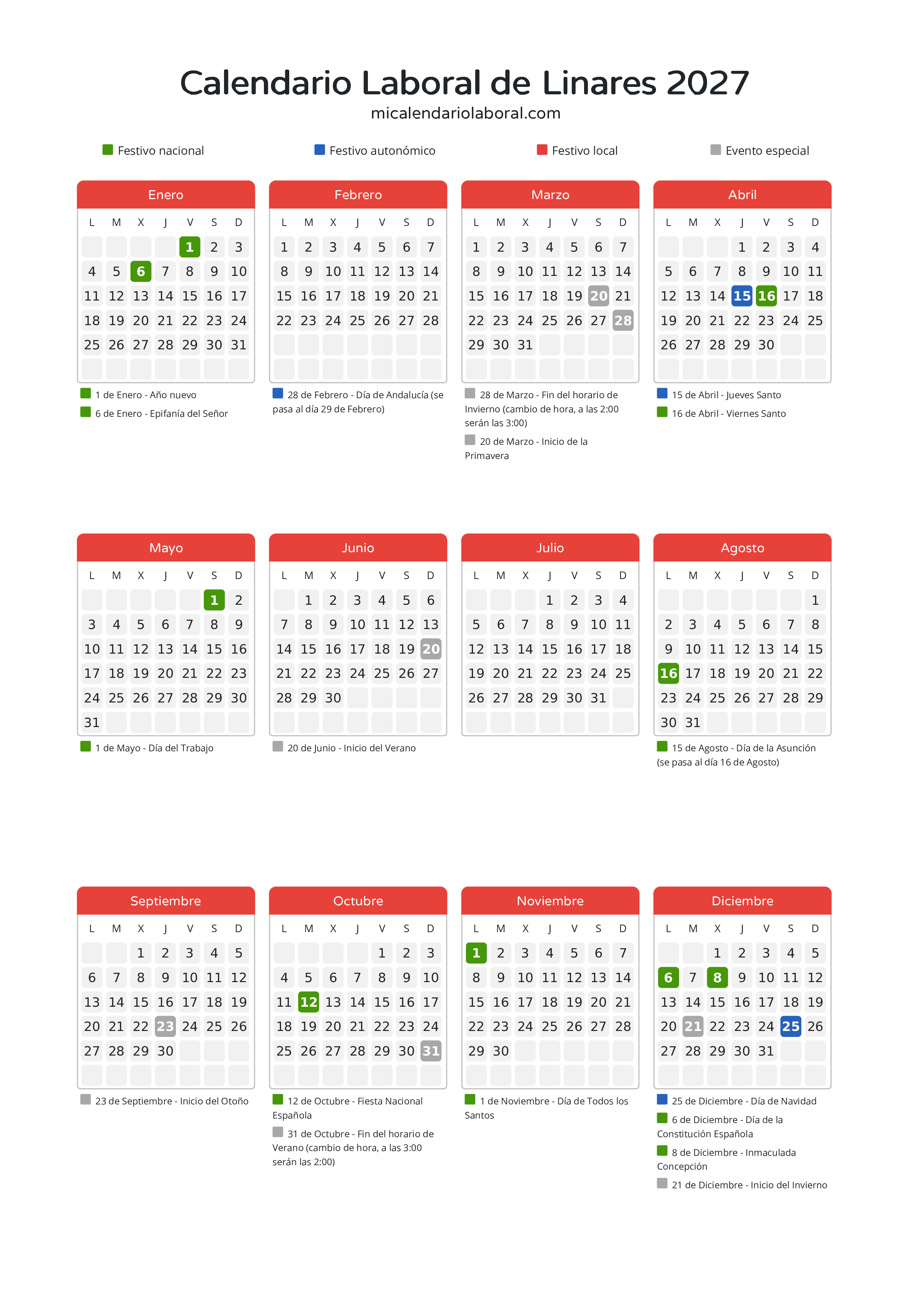 Calendario Laboral de Linares 2027 - Días festivos - Descubre todos los festivos, días no laborables y días inhábiles en el calendario de Linares propuestos por Junta de Andalucía. Organiza tus vacaciones y puentes en 2027.