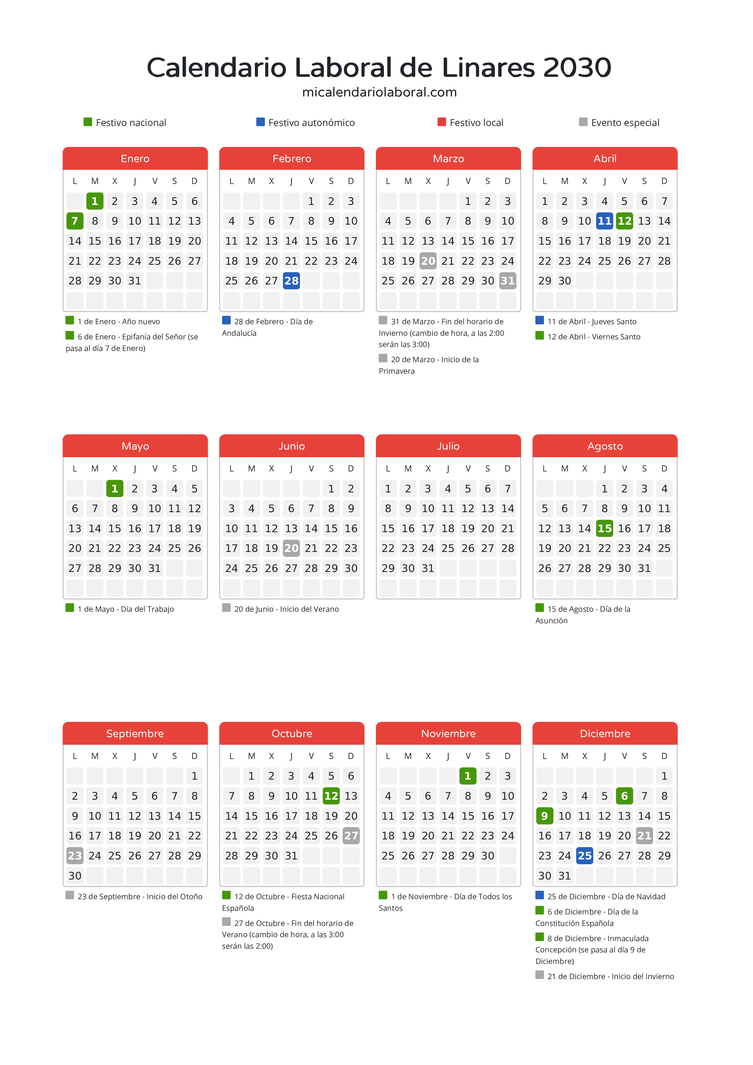 Calendario Laboral de Linares 2030 - Días festivos - Todos los festivos y días no laborables del calendario de Linares propuestos por Junta de Andalucía. Organiza tus vacaciones y puentes en 2030.