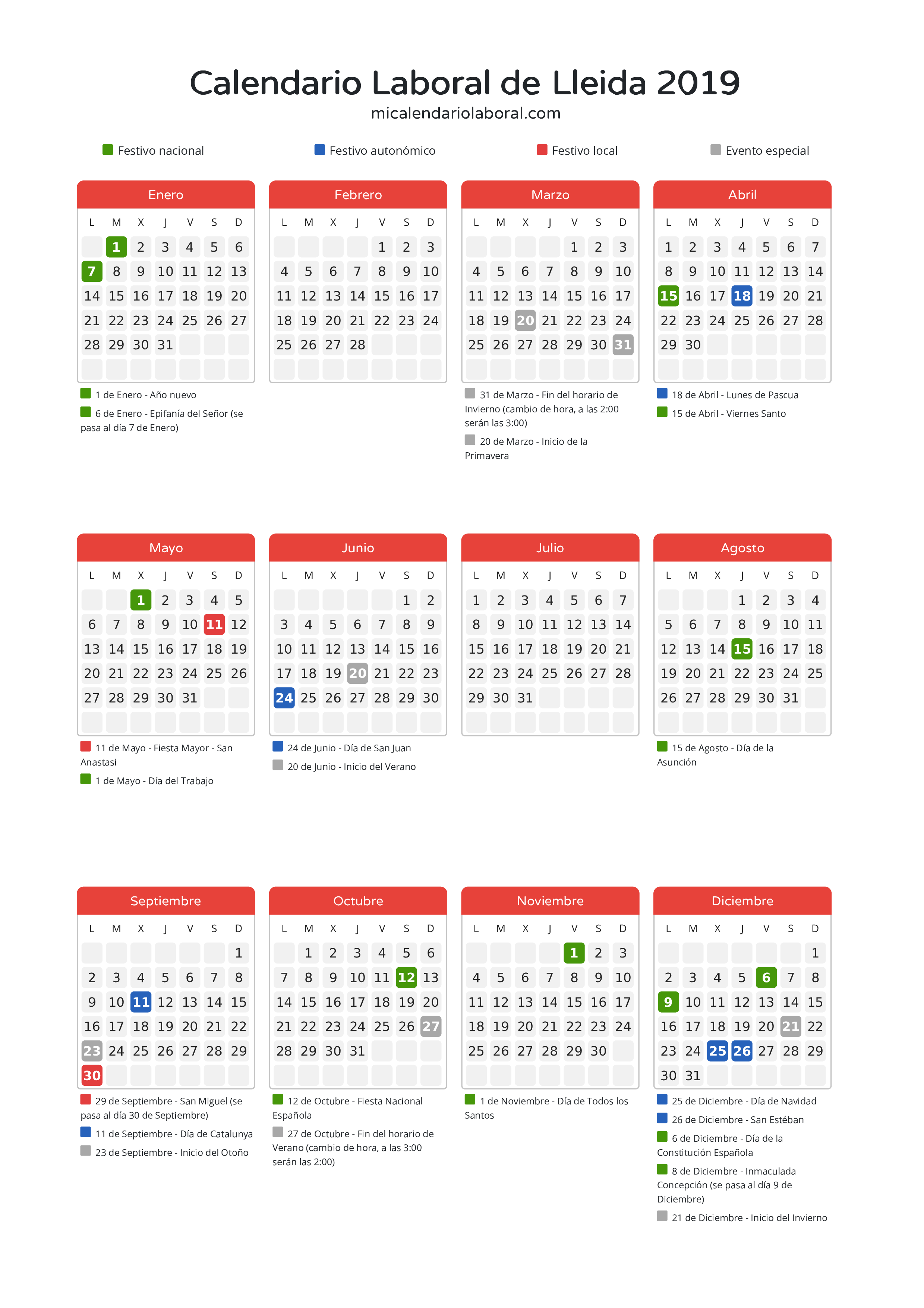 Calendario Laboral de Lleida 2019 - Días festivos - Descubre todos los festivos, días no laborables y días inhábiles en el calendario de Lleida propuestos por Generalitat de Catalunya. Organiza tus vacaciones y puentes en 2019.