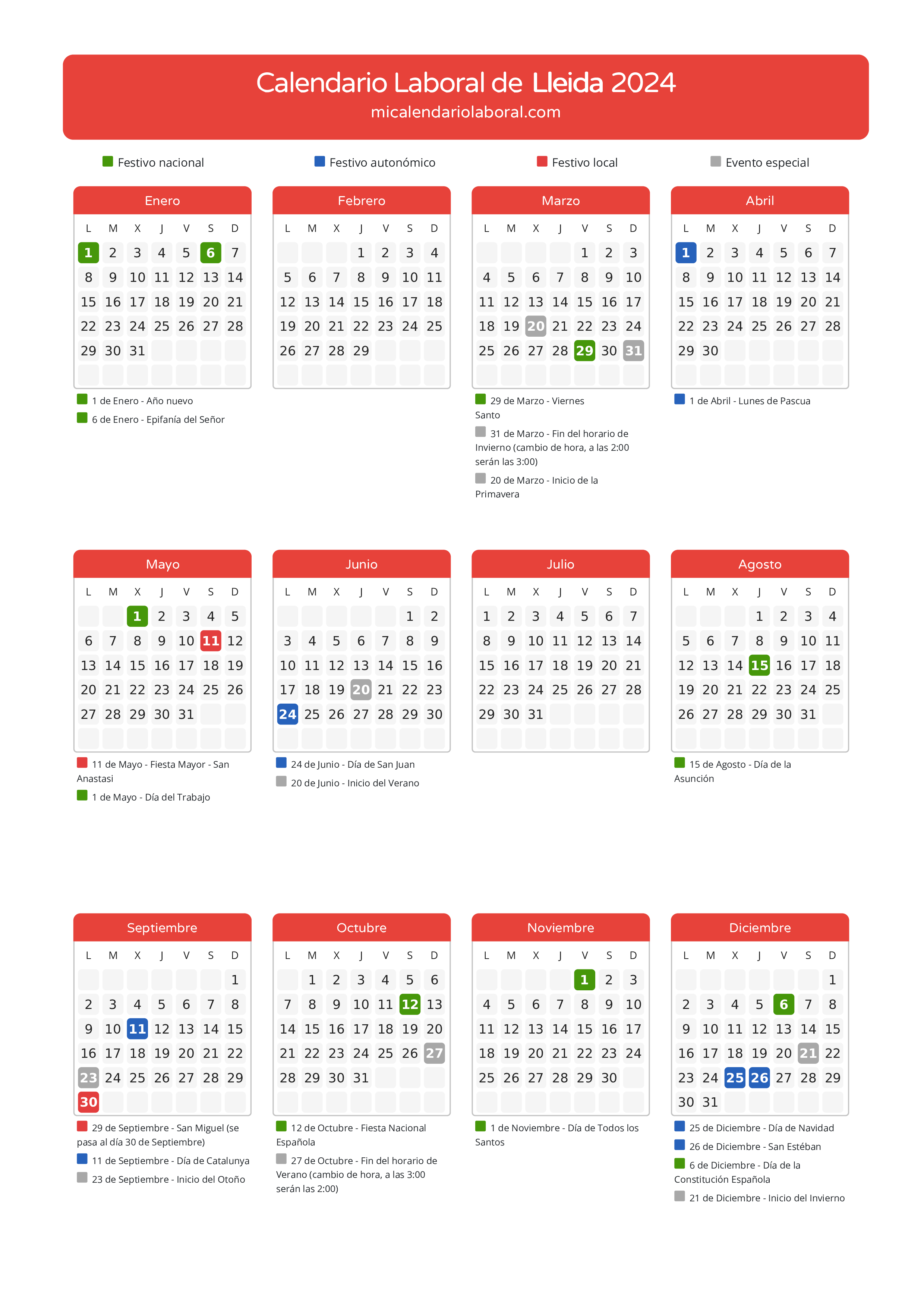 Calendario Laboral de Lleida 2024 - Días festivos - Todos los festivos y días no laborables del calendario de Lleida propuestos por Generalitat de Catalunya. Organiza tus vacaciones y puentes en 2024.