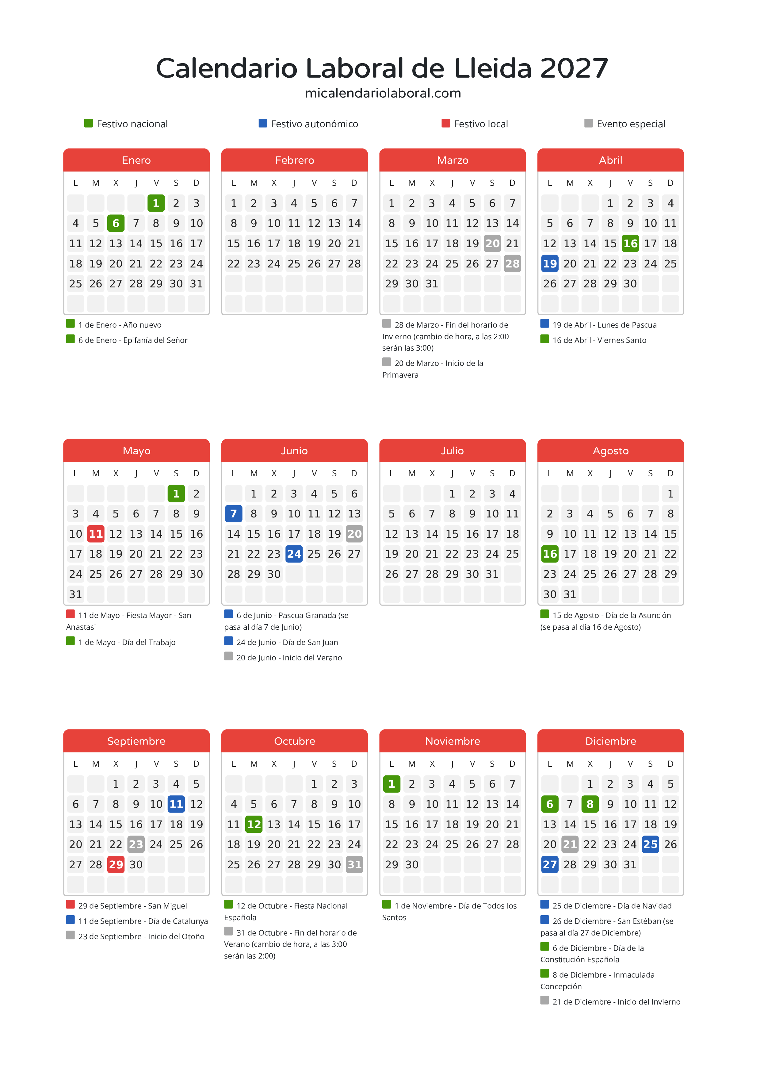 Calendario Laboral de Lleida 2027 - Días festivos - Descubre todos los festivos, días no laborables y días inhábiles en el calendario de Lleida propuestos por Generalitat de Catalunya. Organiza tus vacaciones y puentes en 2027.