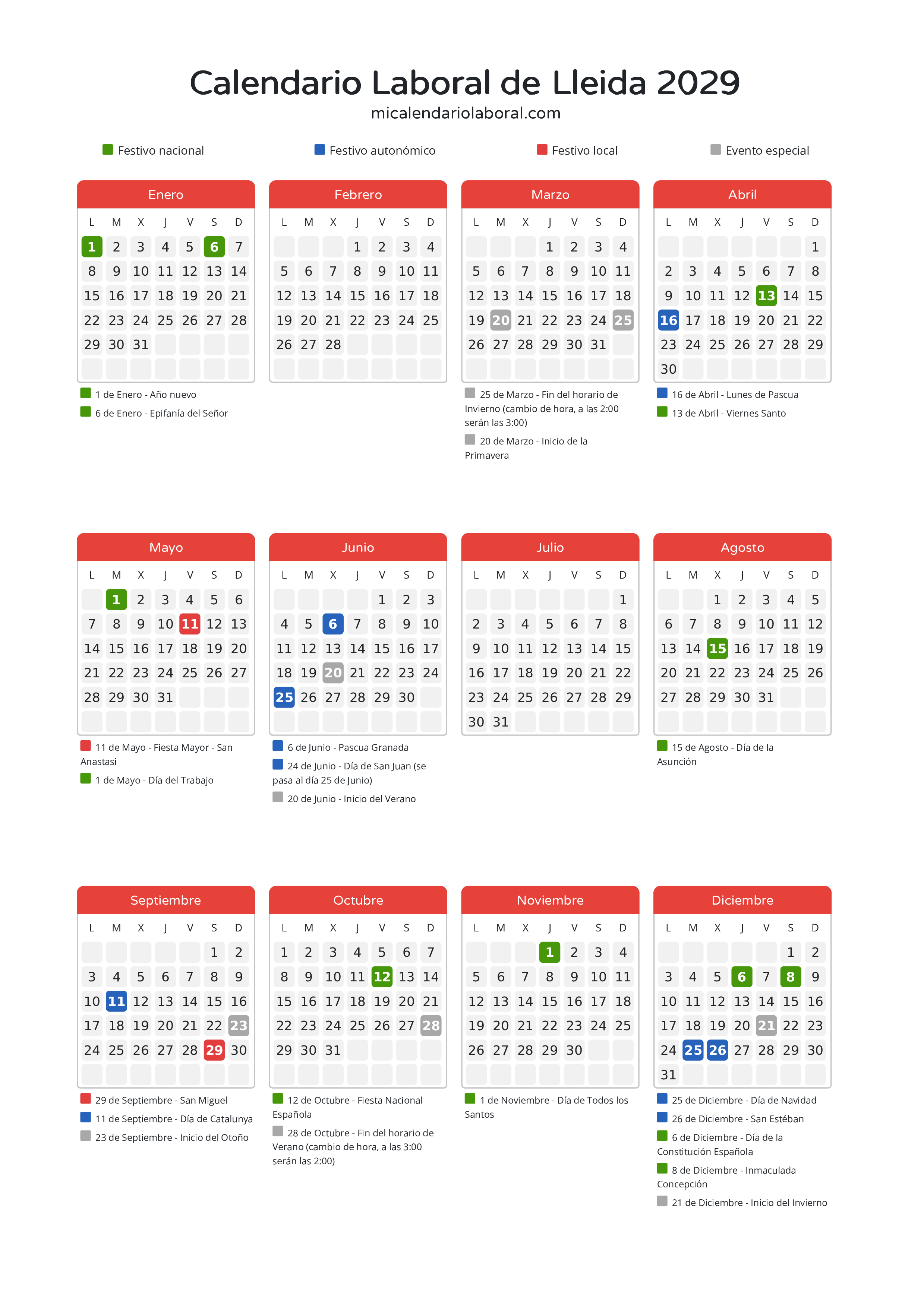 Calendario Laboral de Lleida 2029 - Días festivos - Descubre todos los festivos, días no laborables y días inhábiles en el calendario de Lleida propuestos por Generalitat de Catalunya. Organiza tus vacaciones y puentes en 2029.