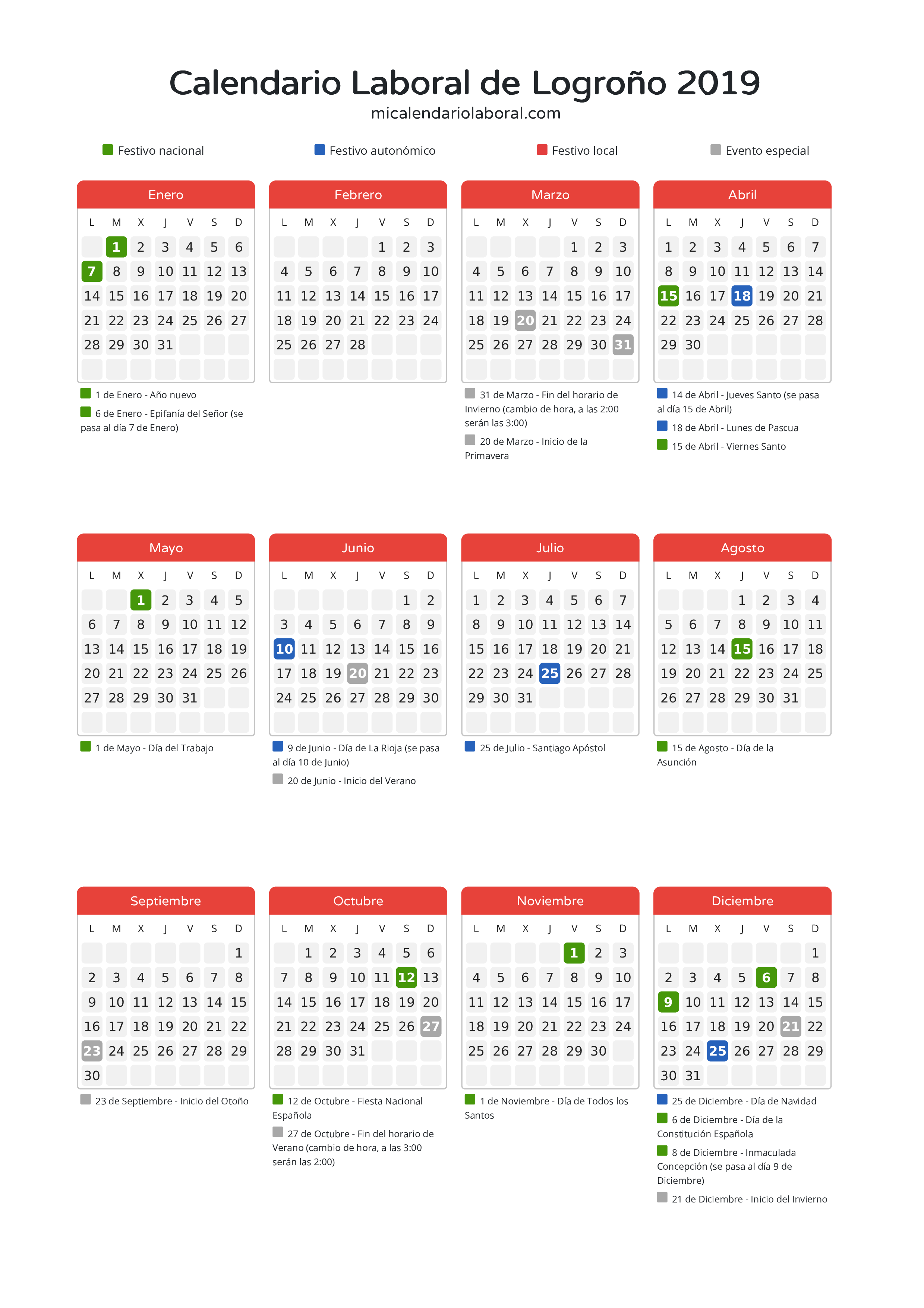 Calendario Laboral de Logroño 2019 - Días festivos - Descubre todos los festivos, días no laborables y días inhábiles en el calendario de Logroño propuestos por Gobierno de La Rioja. Organiza tus vacaciones y puentes en 2019.