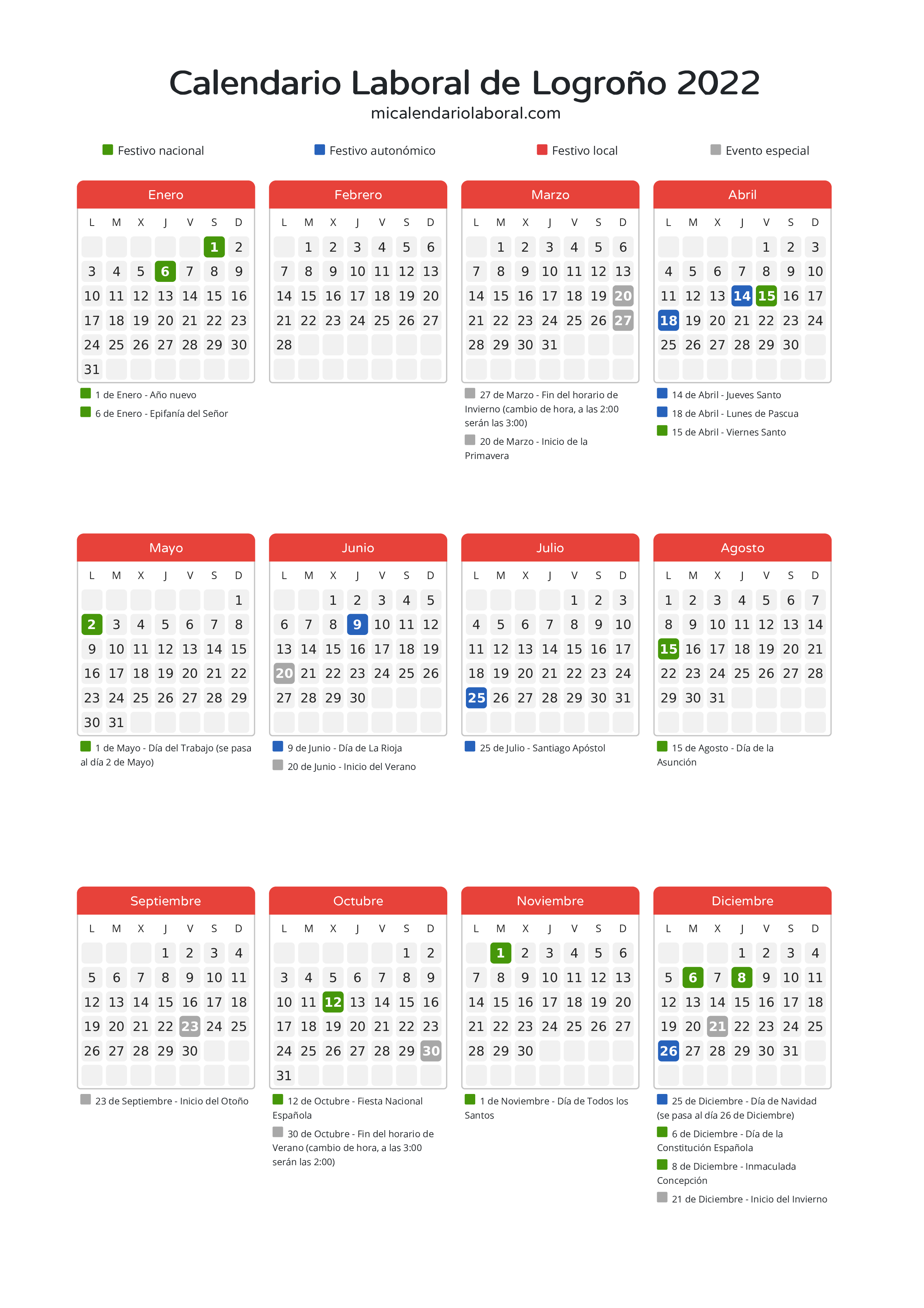 Calendario Laboral de Logroño 2022 - Días festivos - Descubre todos los festivos, días no laborables y días inhábiles en el calendario de Logroño propuestos por Gobierno de La Rioja. Organiza tus vacaciones y puentes en 2022.