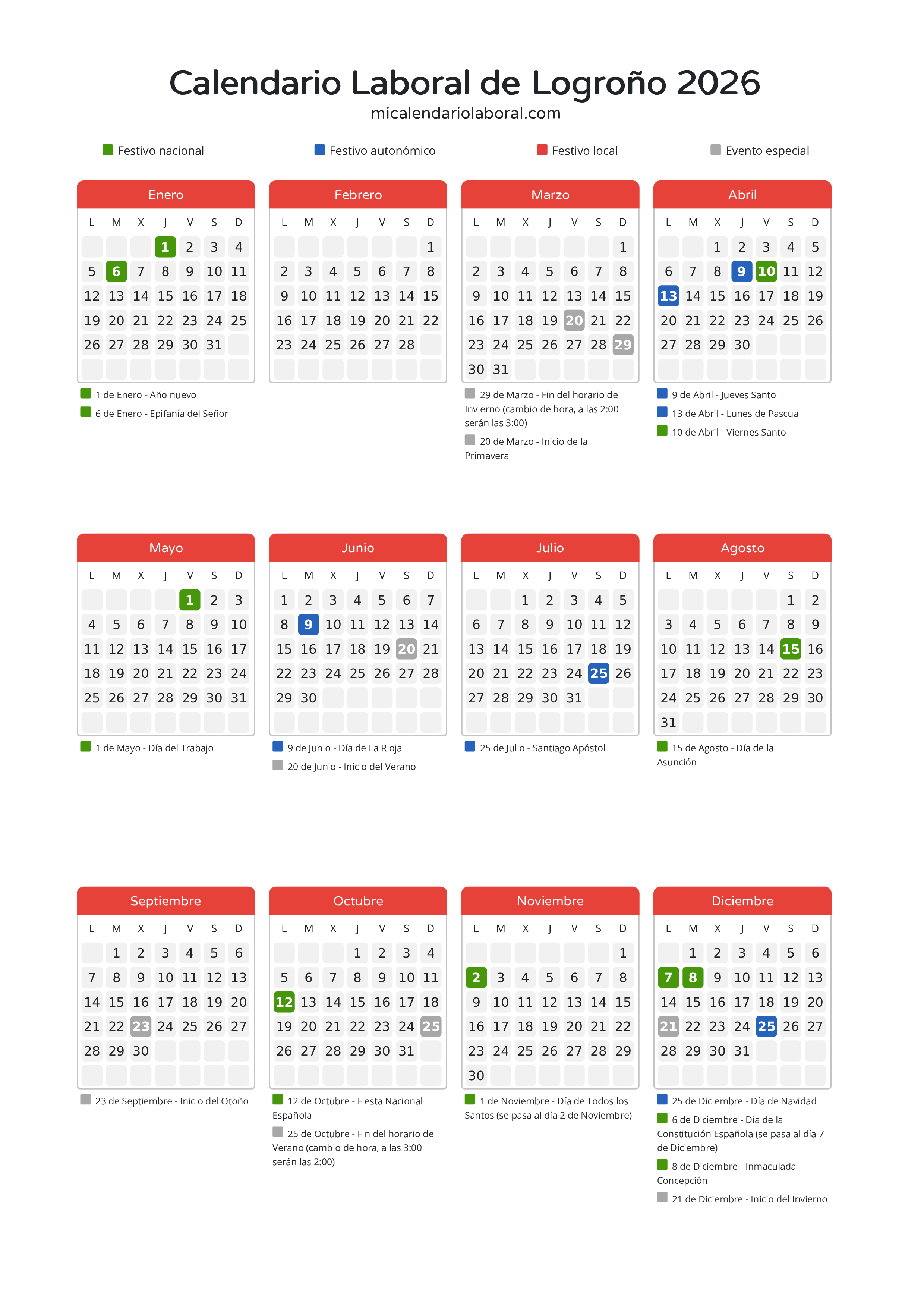 Calendario Laboral de Logroño 2026 - Días festivos - Descubre todos los festivos, días no laborables y días inhábiles en el calendario de Logroño propuestos por Gobierno de La Rioja. Organiza tus vacaciones y puentes en 2026.
