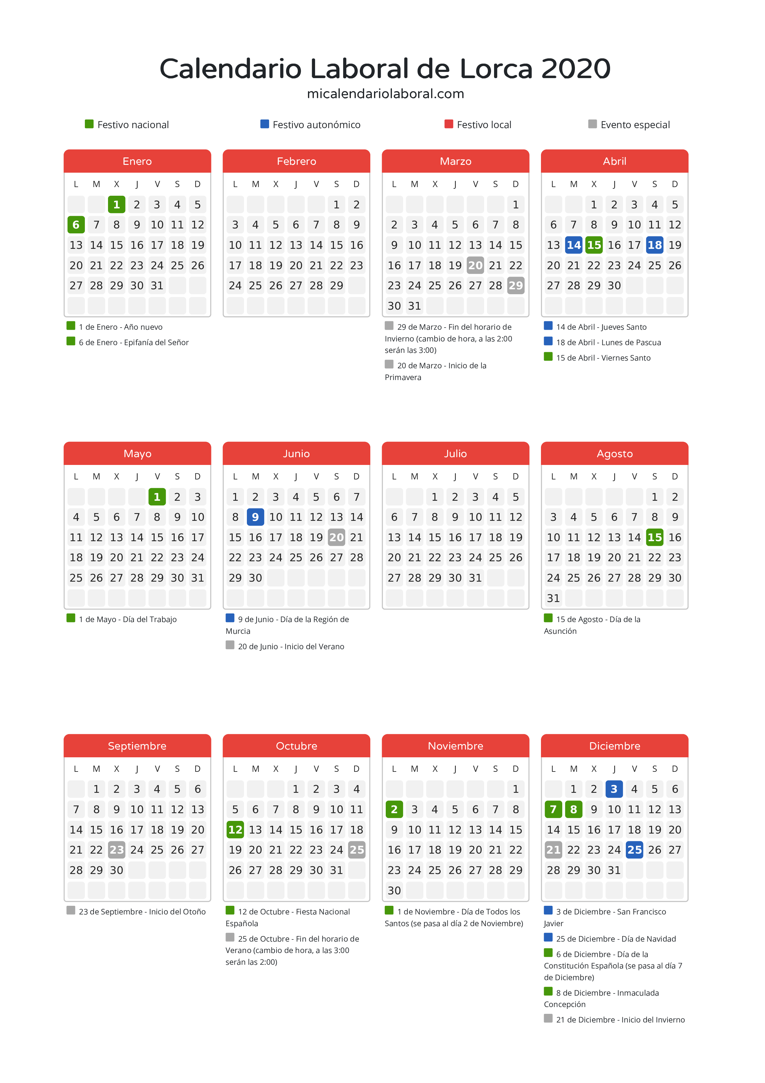 Calendario Laboral de Lorca 2020 - Días festivos - Descubre todos los festivos, días no laborables y días inhábiles en el calendario de Lorca propuestos por Gobierno de la Región Murcia. Organiza tus vacaciones y puentes en 2020.