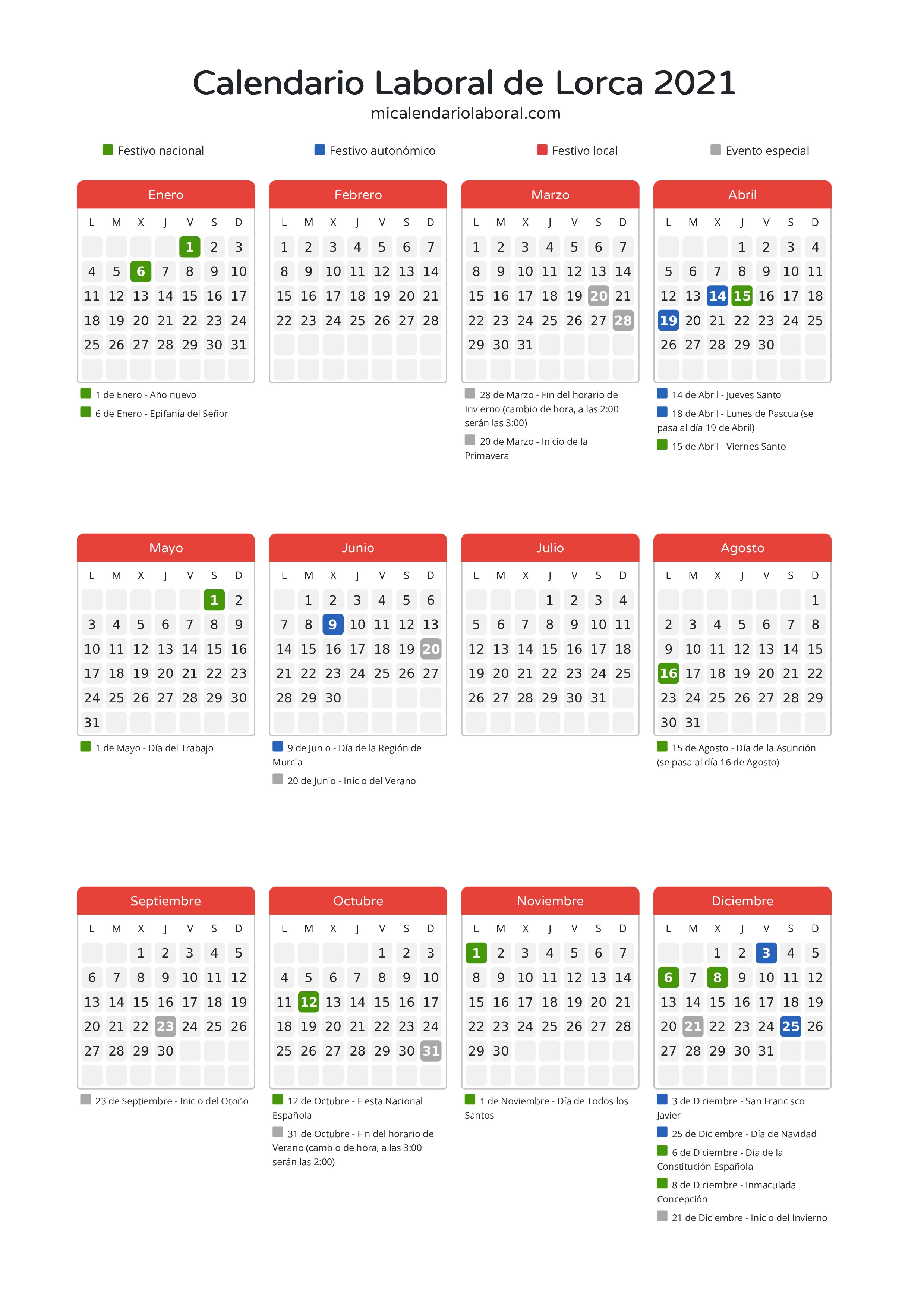 Calendario Laboral de Lorca 2021 - Días festivos - Descubre todos los festivos, días no laborables y días inhábiles en el calendario de Lorca propuestos por Gobierno de la Región Murcia. Organiza tus vacaciones y puentes en 2021.