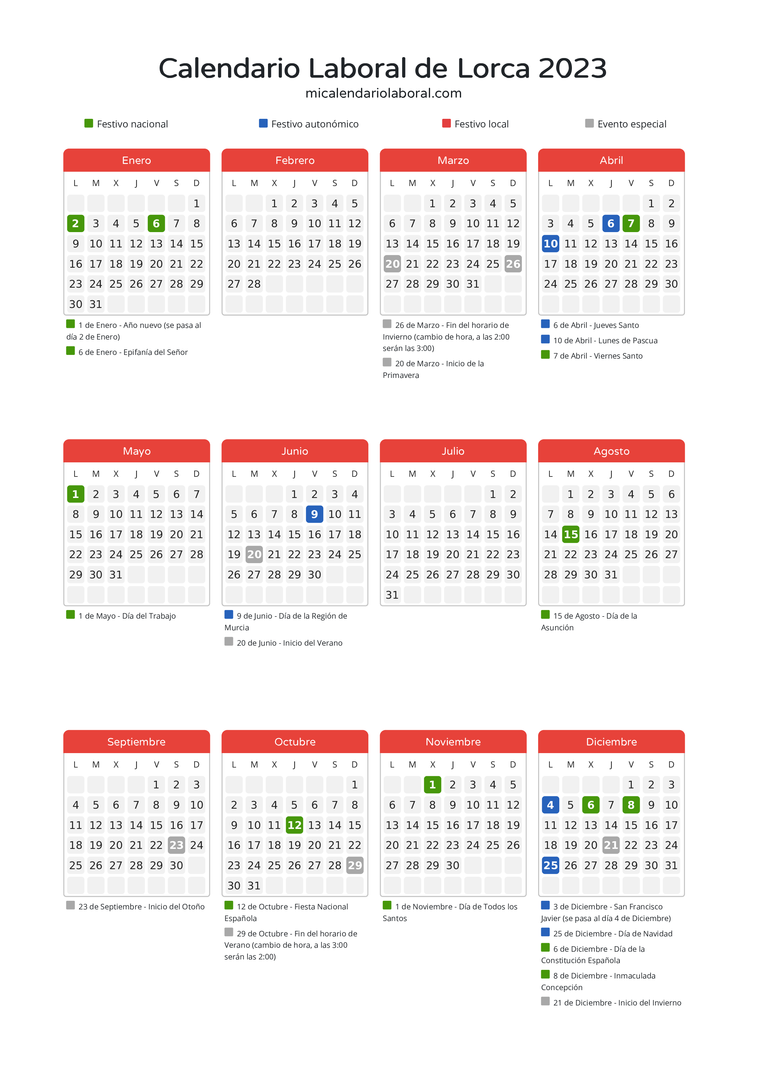Calendario Laboral de Lorca 2023 - Días festivos - Descubre todos los festivos, días no laborables y días inhábiles en el calendario de Lorca propuestos por Gobierno de la Región Murcia. Organiza tus vacaciones y puentes en 2023.