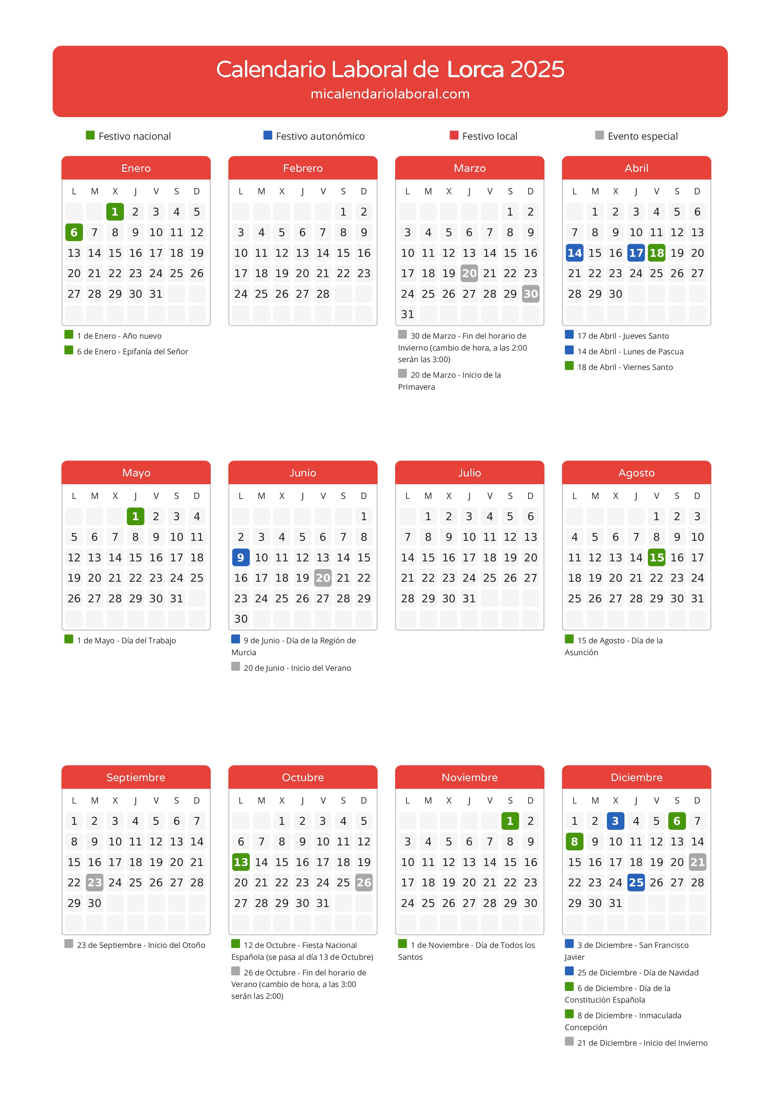 Calendario Laboral de Lorca 2025 - Días festivos - Descubre todos los festivos, días no laborables y días inhábiles en el calendario de Lorca propuestos por Gobierno de la Región Murcia. Organiza tus vacaciones y puentes en 2025.