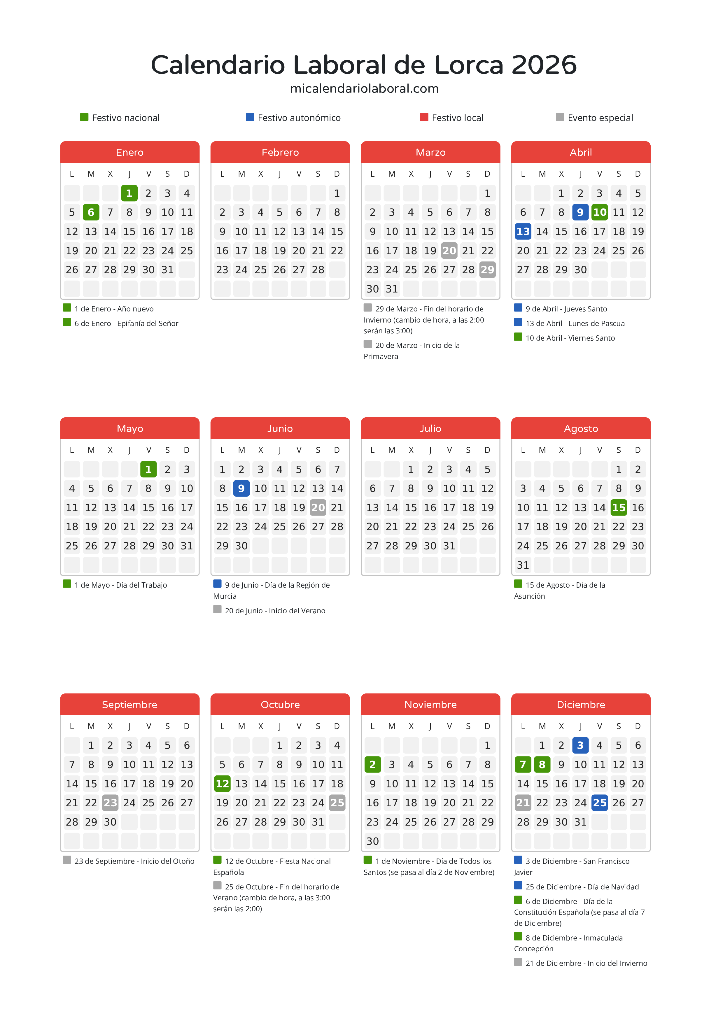 Calendario Laboral de Lorca 2026 - Días festivos - Descubre todos los festivos, días no laborables y días inhábiles en el calendario de Lorca propuestos por Gobierno de la Región Murcia. Organiza tus vacaciones y puentes en 2026.