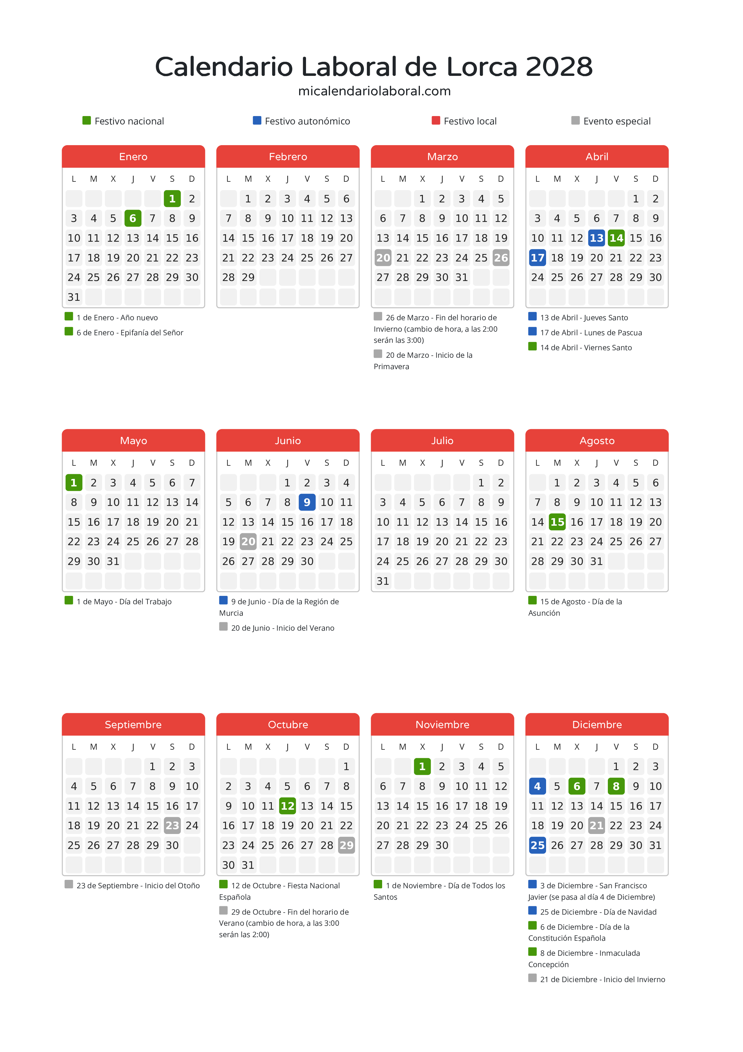 Calendario Laboral de Lorca 2028 - Días festivos - Descubre todos los festivos, días no laborables y días inhábiles en el calendario de Lorca propuestos por Gobierno de la Región Murcia. Organiza tus vacaciones y puentes en 2028.
