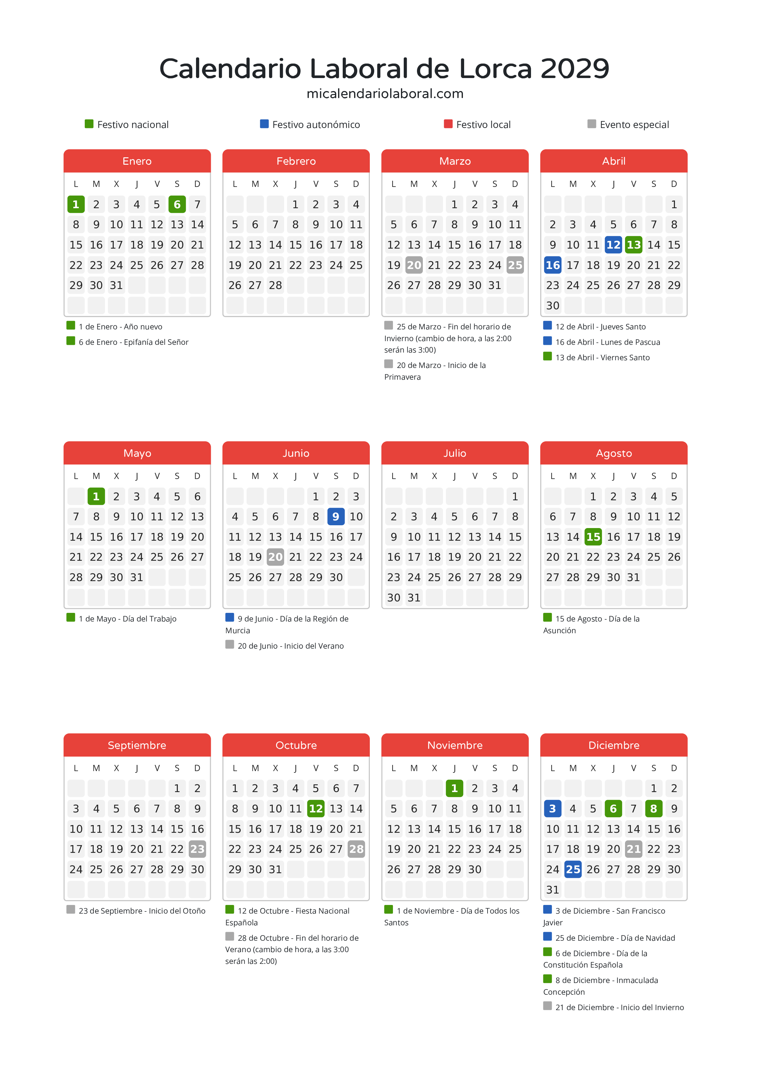 Calendario Laboral de Lorca 2029 - Días festivos - Descubre todos los festivos, días no laborables y días inhábiles en el calendario de Lorca propuestos por Gobierno de la Región Murcia. Organiza tus vacaciones y puentes en 2029.