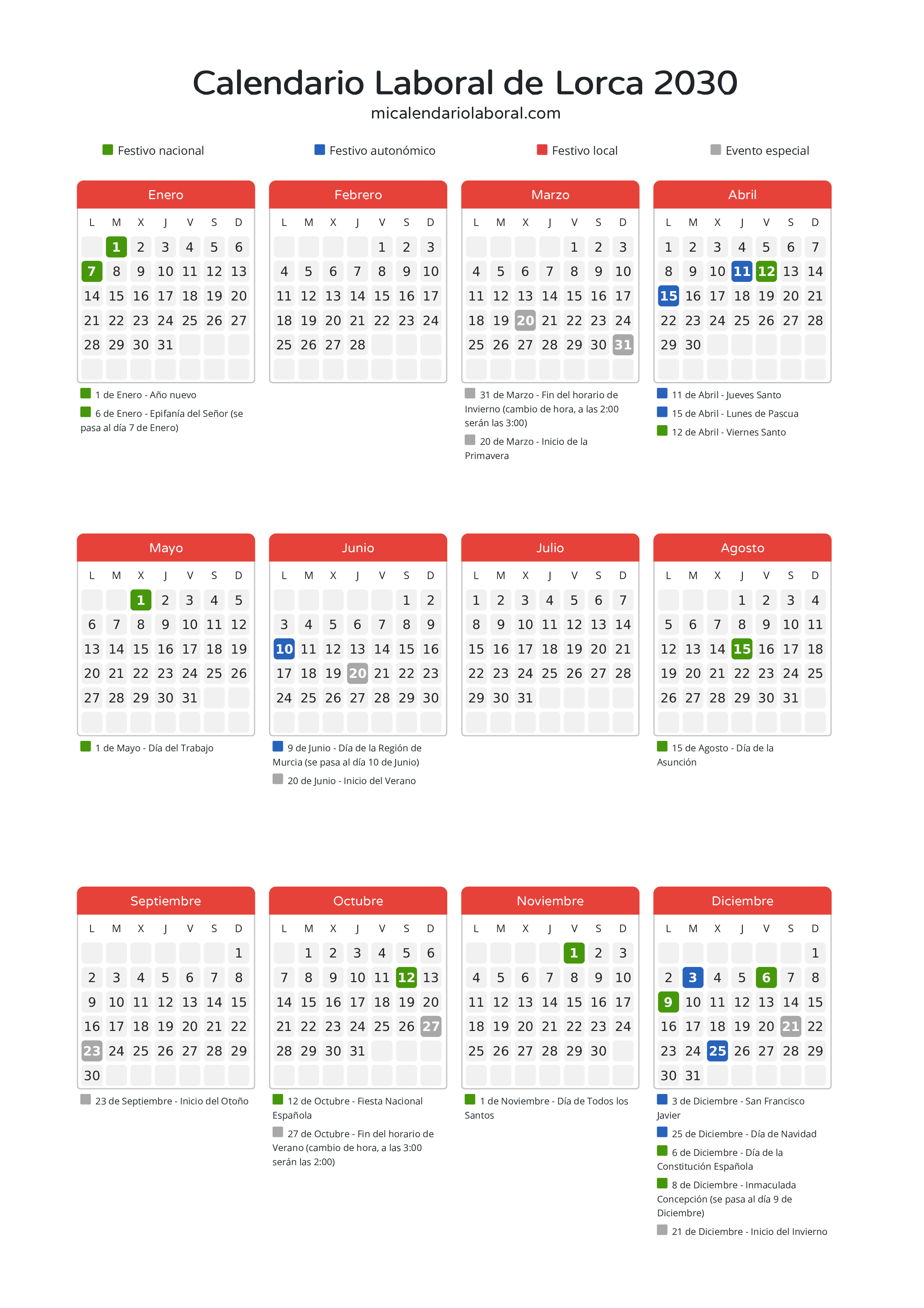 Calendario Laboral de Lorca 2030 - Días festivos - Todos los festivos y días no laborables del calendario de Lorca propuestos por Gobierno de la Región Murcia. Organiza tus vacaciones y puentes en 2030.