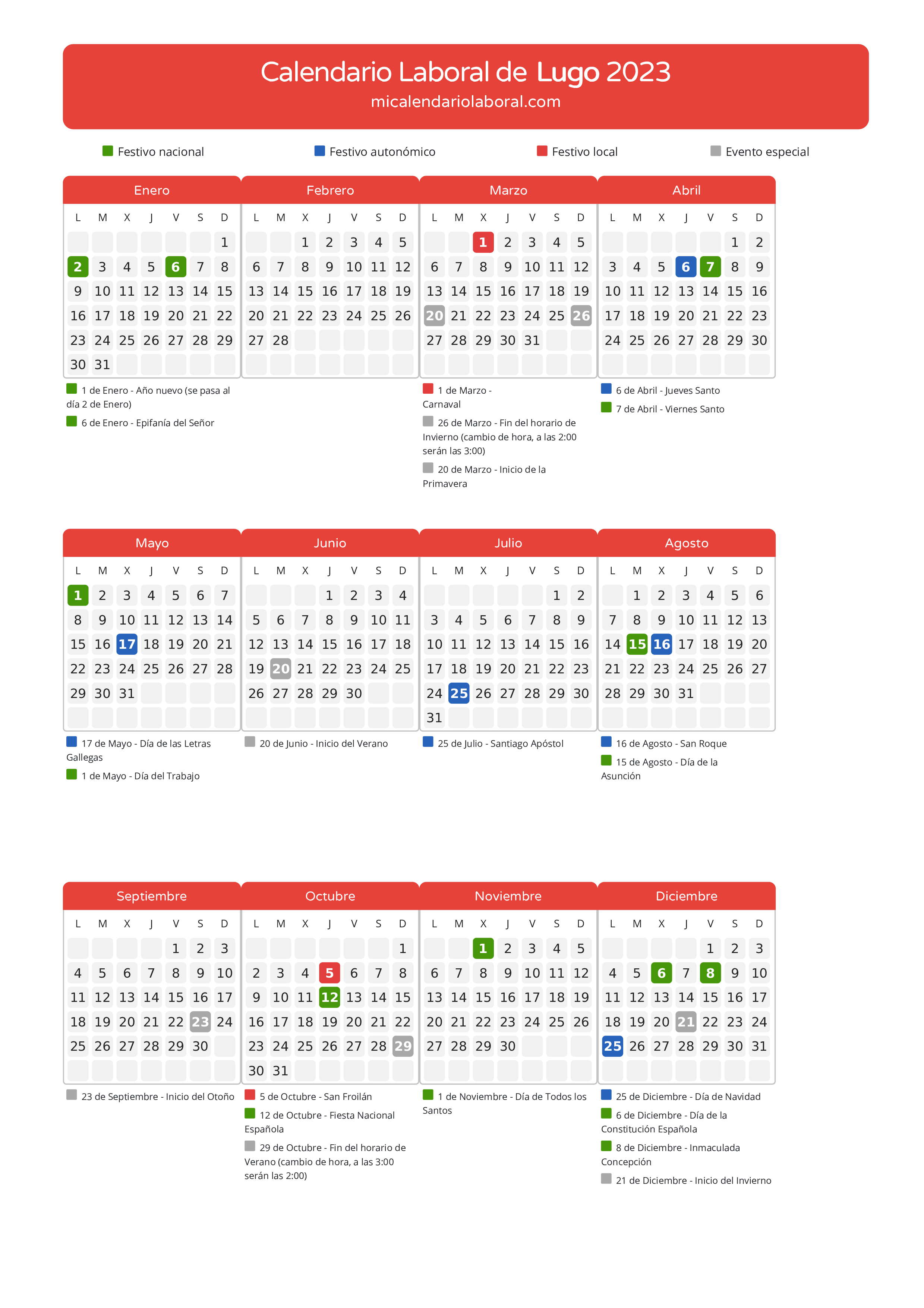 Calendario Laboral de Lugo 2023 - Días festivos - Descubre todos los festivos, días no laborables y días inhábiles en el calendario de Lugo propuestos por Xunta de Galicia. Organiza tus vacaciones y puentes en 2023.