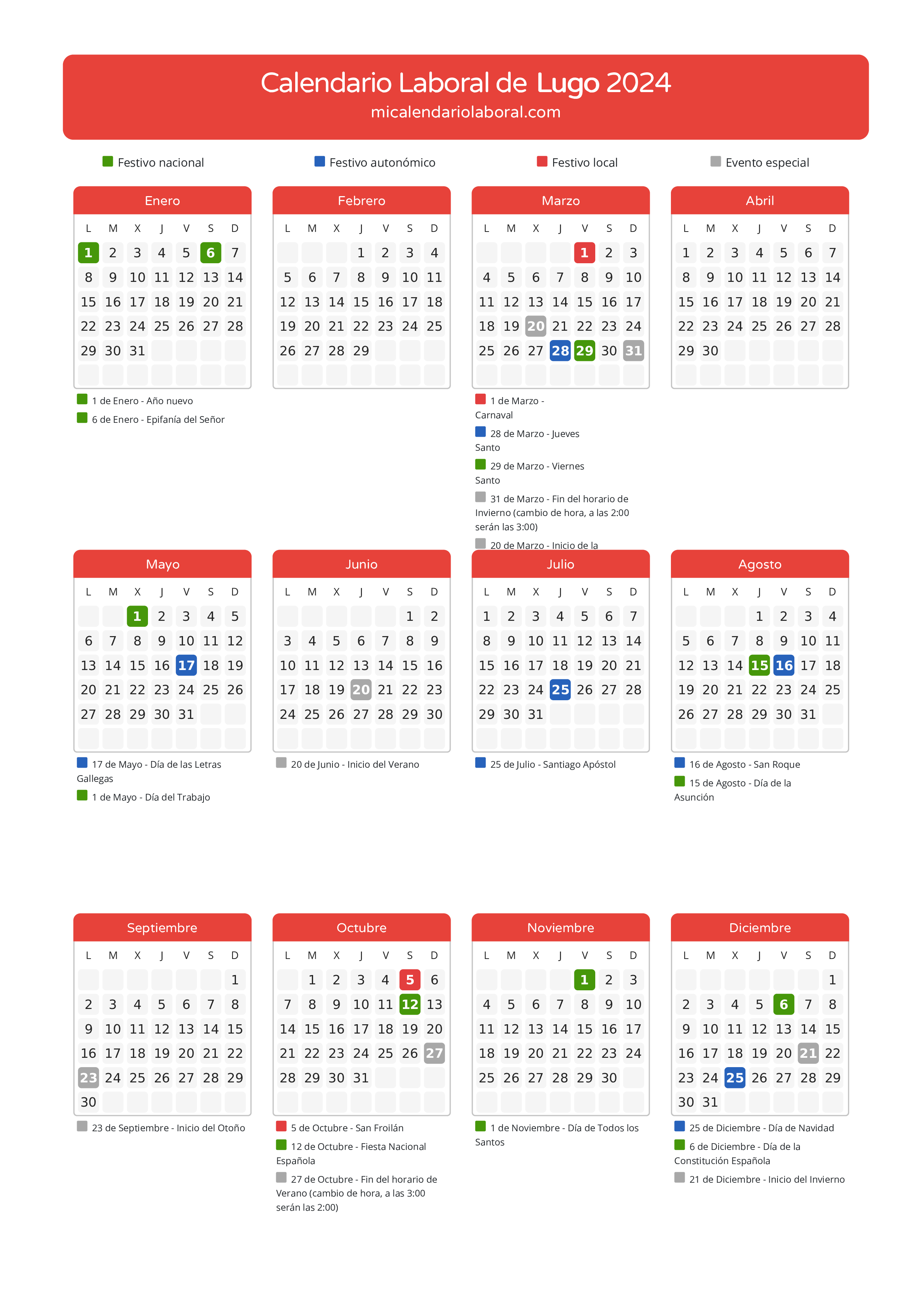 Calendario Laboral de Lugo 2024 - Días festivos - Descubre todos los festivos, días no laborables y días inhábiles en el calendario de la provincia de Lugo propuestos por Xunta de Galicia. Anticípate a los eventos y organiza tus vacaciones y puentes en 2024.