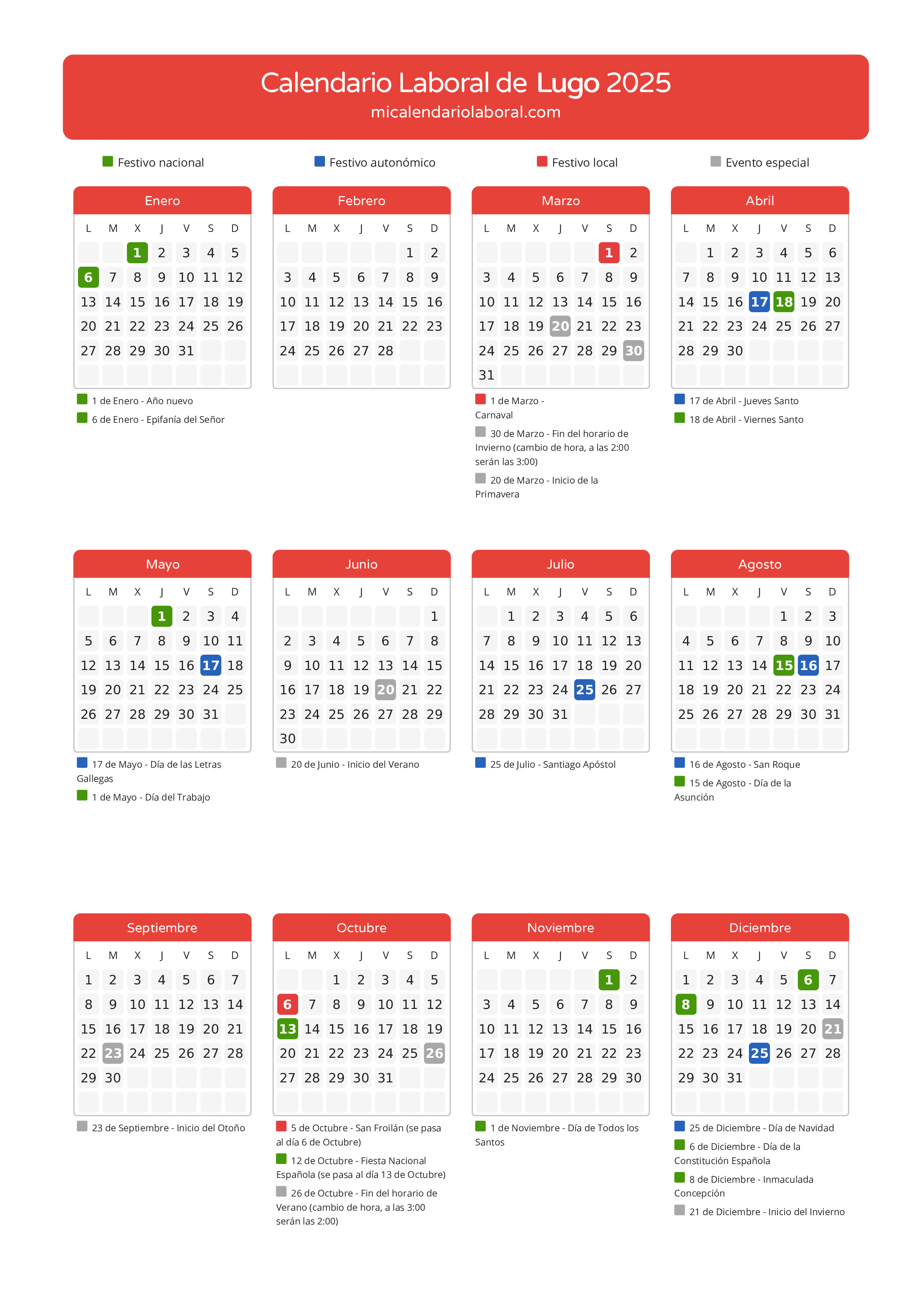 Calendario Laboral de Lugo 2025 - Días festivos - Descubre todos los festivos, días no laborables y días inhábiles en el calendario de la provincia de Lugo propuestos por Xunta de Galicia. Anticípate a los eventos y organiza tus vacaciones y puentes en 2025.