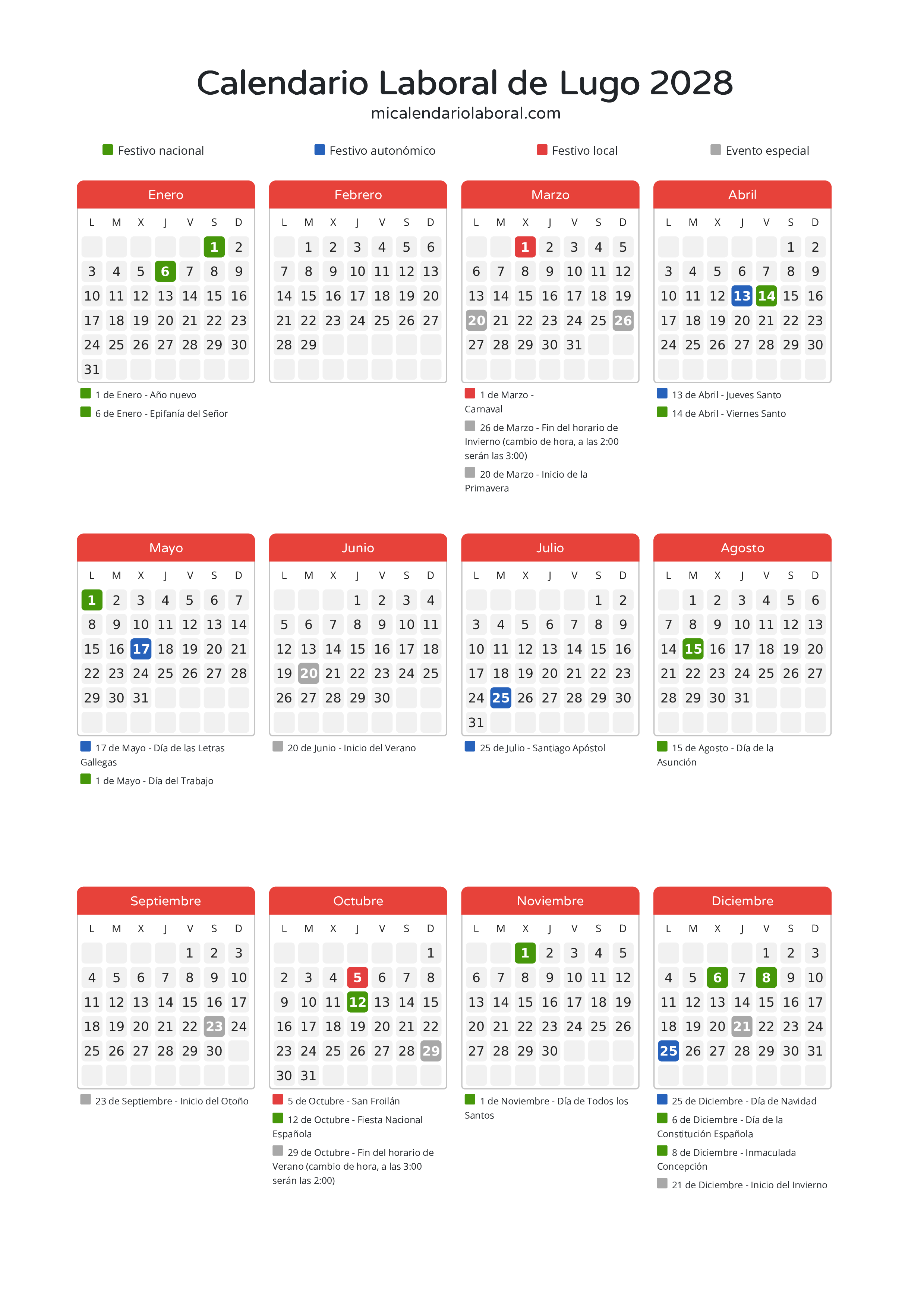 Calendario Laboral de Lugo 2028 - Días festivos - Descubre todos los festivos, días no laborables y días inhábiles en el calendario de Lugo propuestos por Xunta de Galicia. Organiza tus vacaciones y puentes en 2028.