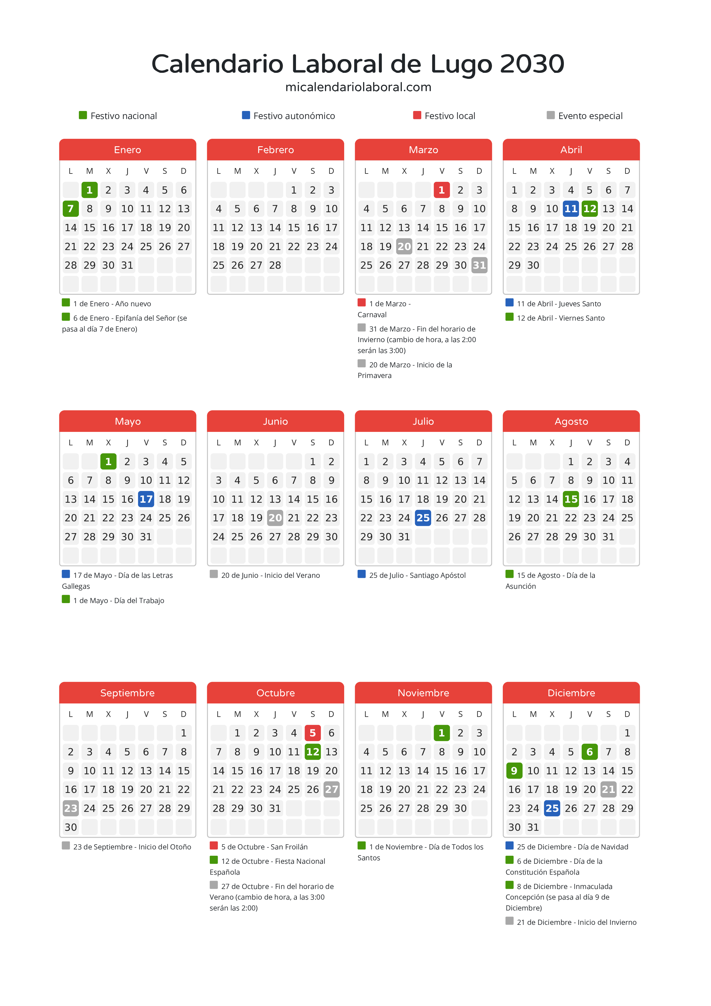 Calendario Laboral de Lugo 2030 - Días festivos - Todos los festivos y días no laborables del calendario de Lugo propuestos por Xunta de Galicia. Organiza tus vacaciones y puentes en 2030.