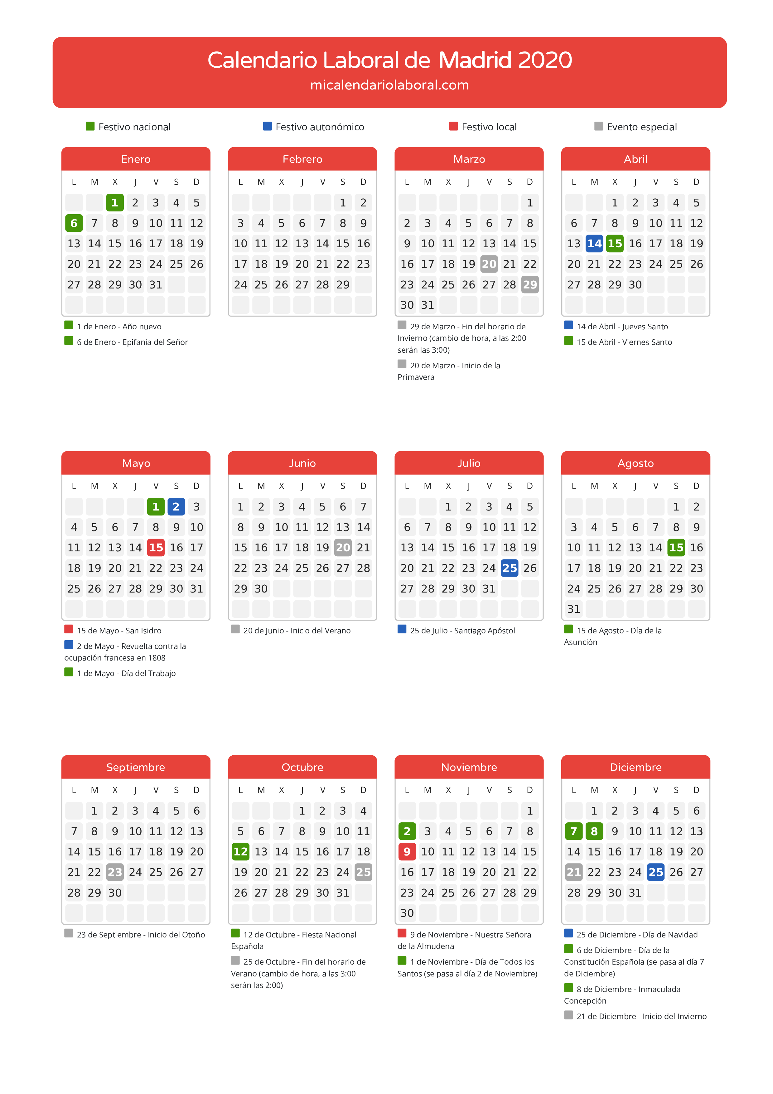 Calendario Laboral de Madrid 2020 - Días festivos - Descubre todos los festivos, días no laborables y días inhábiles en el calendario de Madrid propuestos por Gobierno de la Comunidad de Madrid. Organiza tus vacaciones y puentes en 2020.