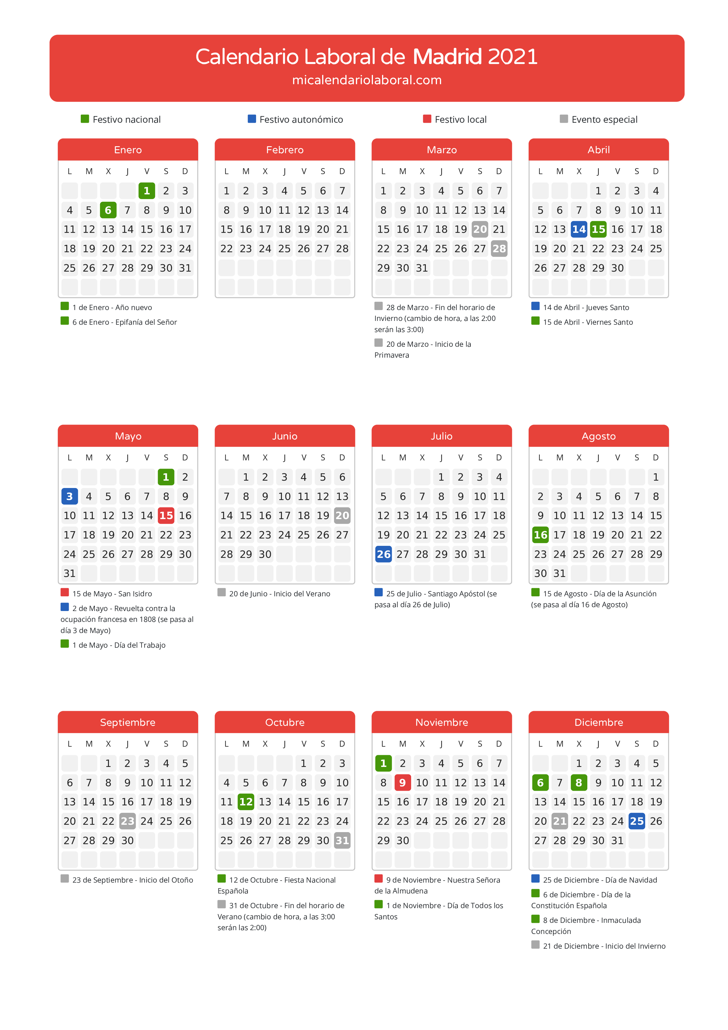Calendario Laboral de Madrid 2021 - Días festivos - Descubre todos los festivos, días no laborables y días inhábiles en el calendario de Madrid propuestos por Gobierno de la Comunidad de Madrid. Organiza tus vacaciones y puentes en 2021.