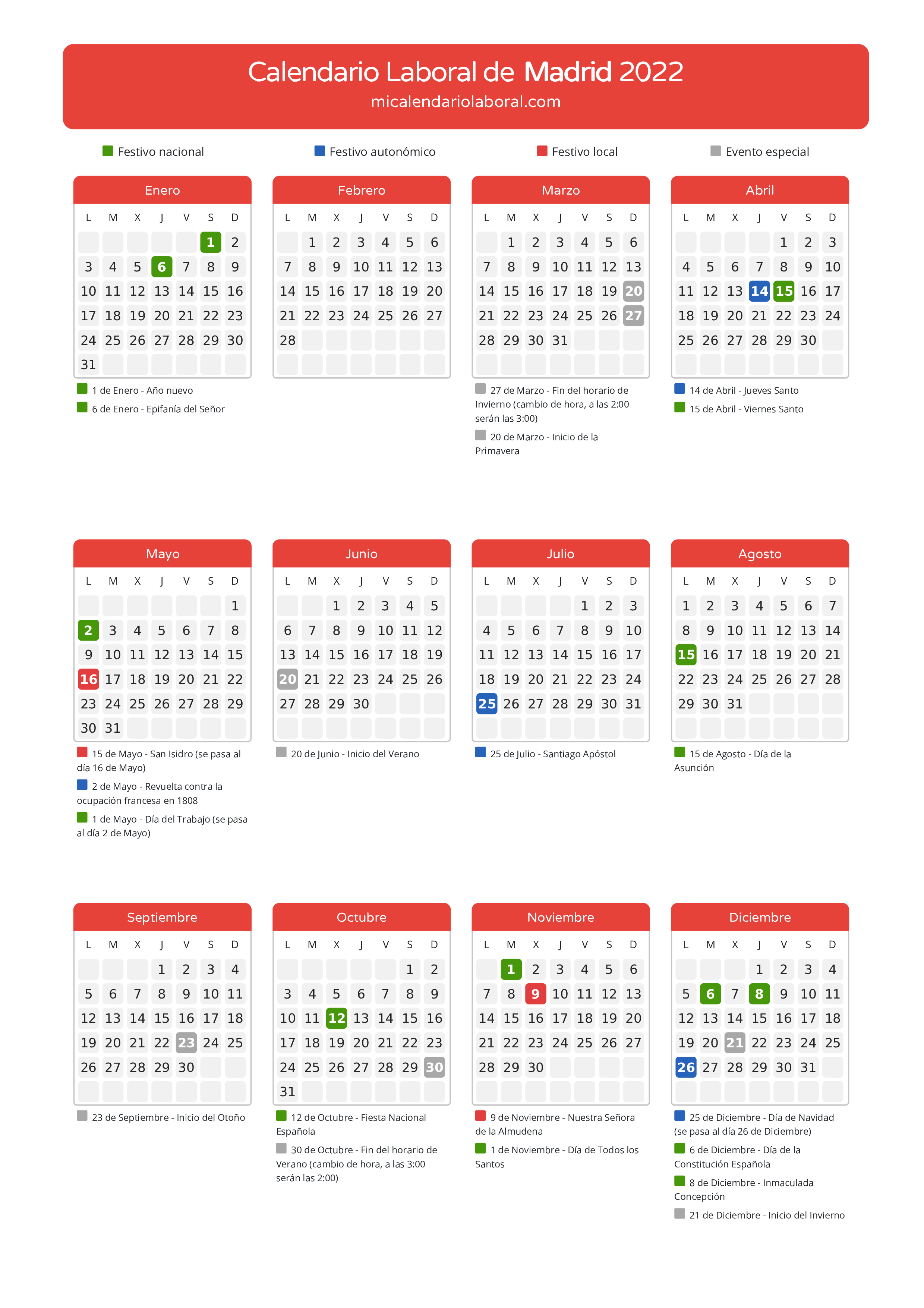 Calendario Laboral de Madrid 2022 - Días festivos - Descubre todos los festivos, días no laborables y días inhábiles en el calendario de Madrid propuestos por Gobierno de la Comunidad de Madrid. Organiza tus vacaciones y puentes en 2022.