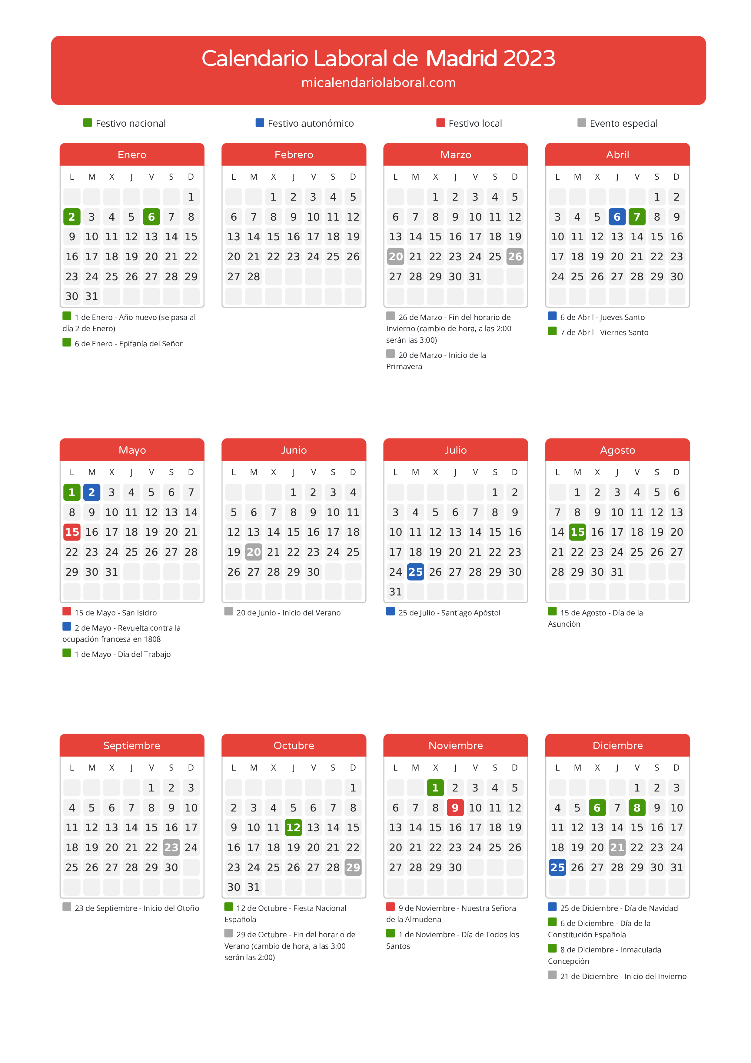 Calendario Laboral de Madrid 2023 - Días festivos - Aquí tienes todos los días festivos, no laborables y días inhábiles de la provincia del calendario de Madrid del año 2023