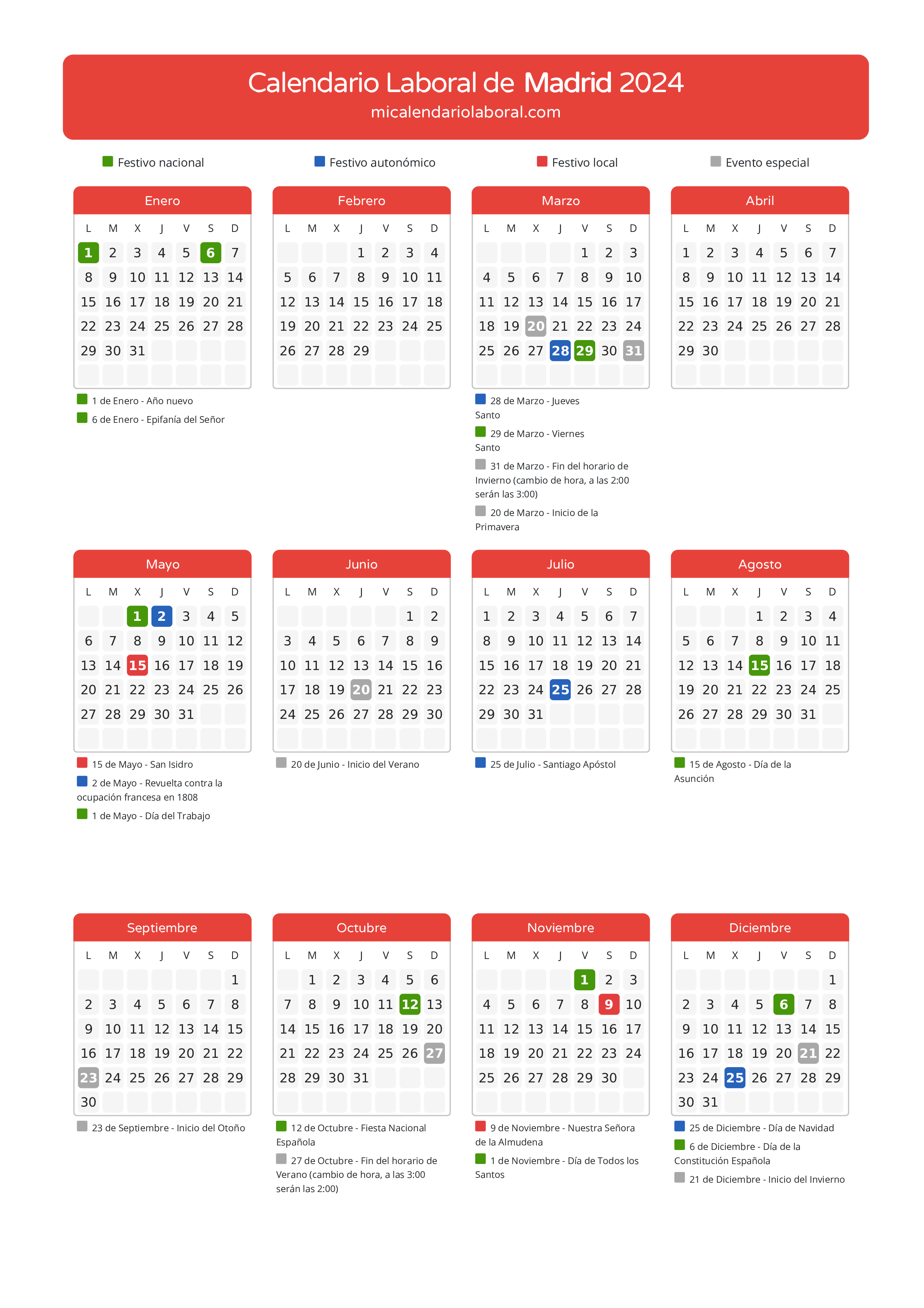 Calendario Laboral de Madrid 2024 - Días festivos - Aquí tienes todos los días festivos, no laborables y días inhábiles de la provincia del calendario de Madrid del año 2024