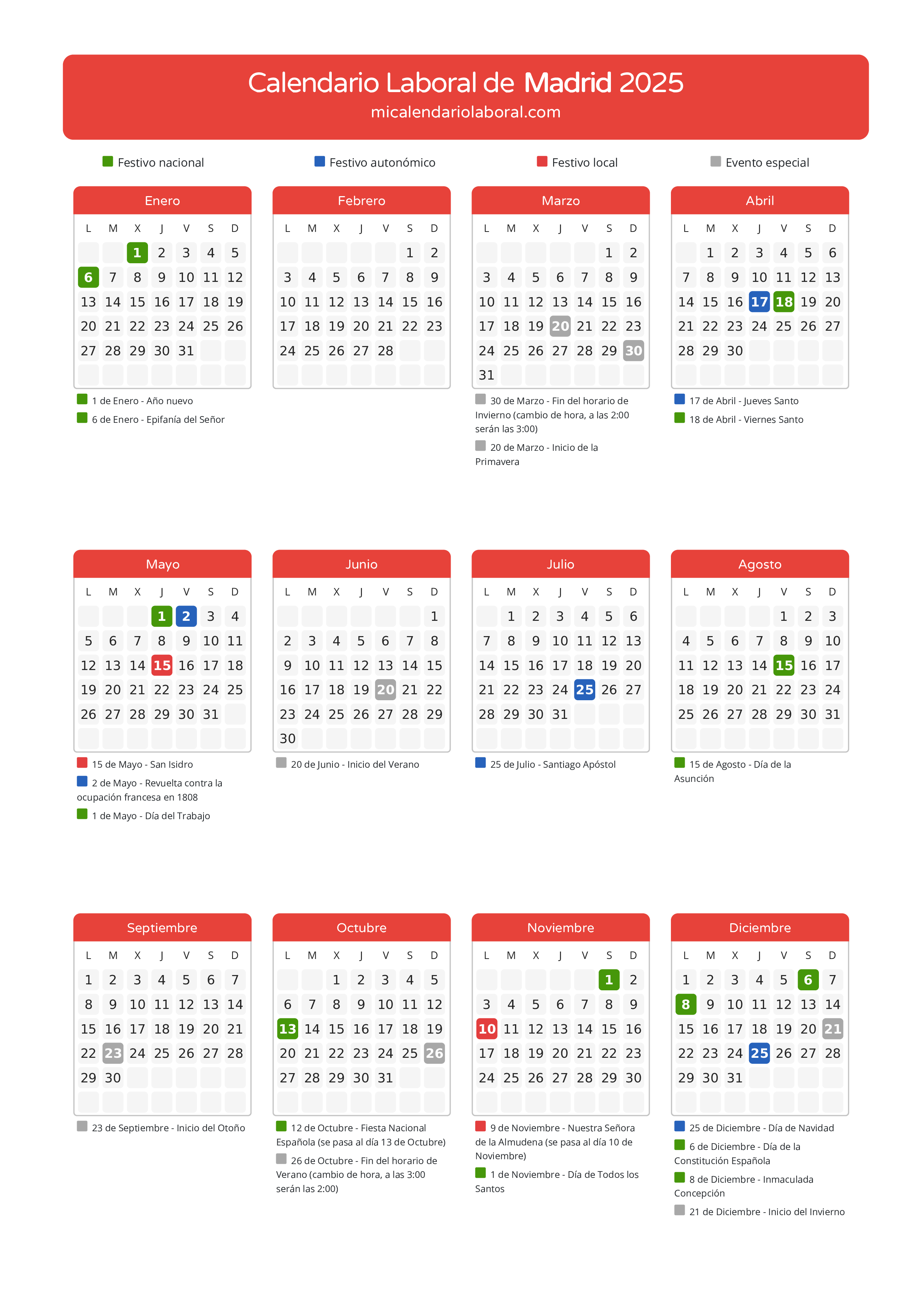 Calendario Laboral de Madrid 2025 - Días festivos - Aquí tienes todos los días festivos, no laborables y días inhábiles de la provincia del calendario de Madrid del año 2025