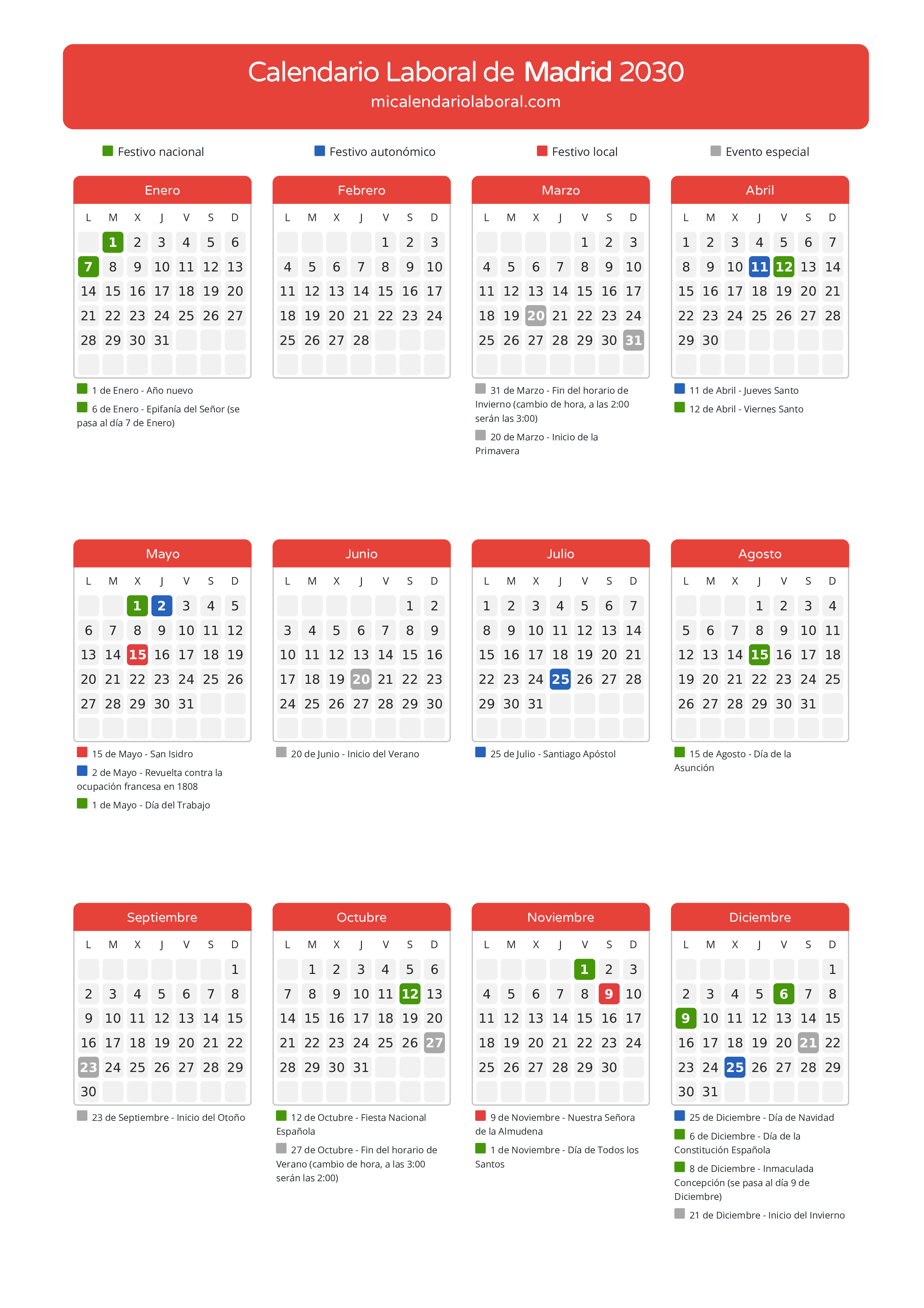 Calendario Laboral de Madrid 2030 - Días festivos - Todos los festivos y días no laborables del calendario de Madrid propuestos por Gobierno de la Comunidad de Madrid. Organiza tus vacaciones y puentes en 2030.