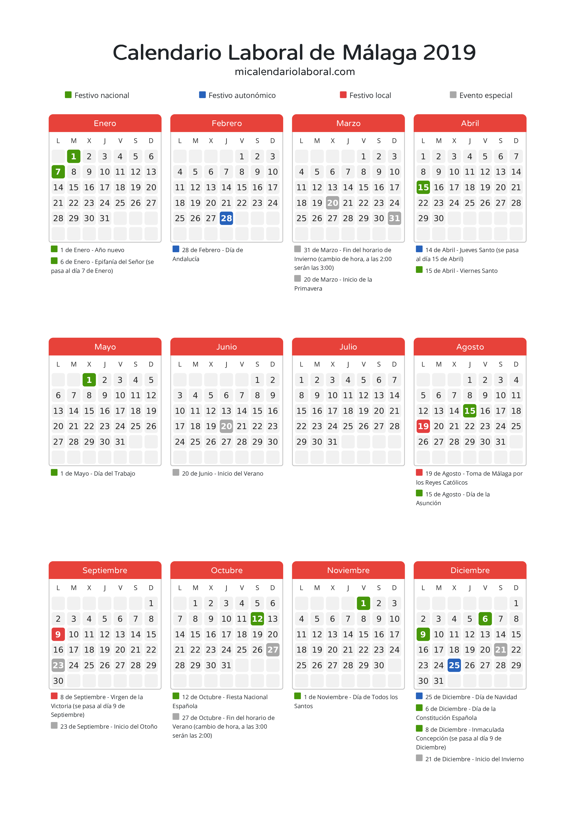 Calendario Laboral de Málaga 2019 - Días festivos - Descubre todos los festivos, días no laborables y días inhábiles en el calendario de Málaga propuestos por Junta de Andalucía. Organiza tus vacaciones y puentes en 2019.