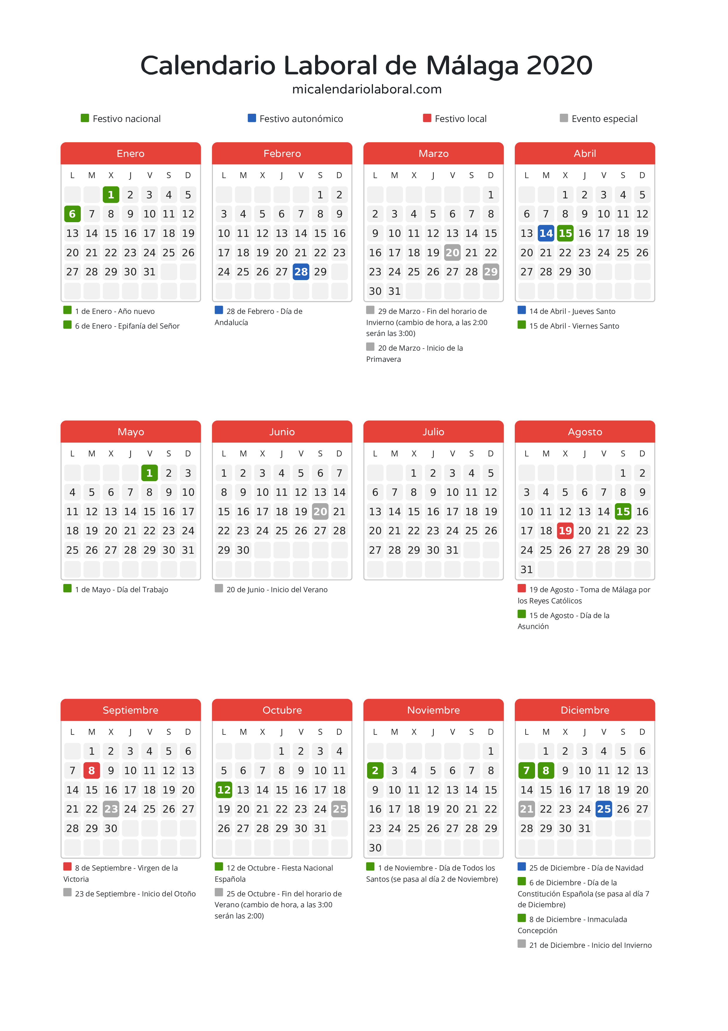 Calendario Laboral de Málaga 2020 - Días festivos - Descubre todos los festivos, días no laborables y días inhábiles en el calendario de Málaga propuestos por Junta de Andalucía. Organiza tus vacaciones y puentes en 2020.