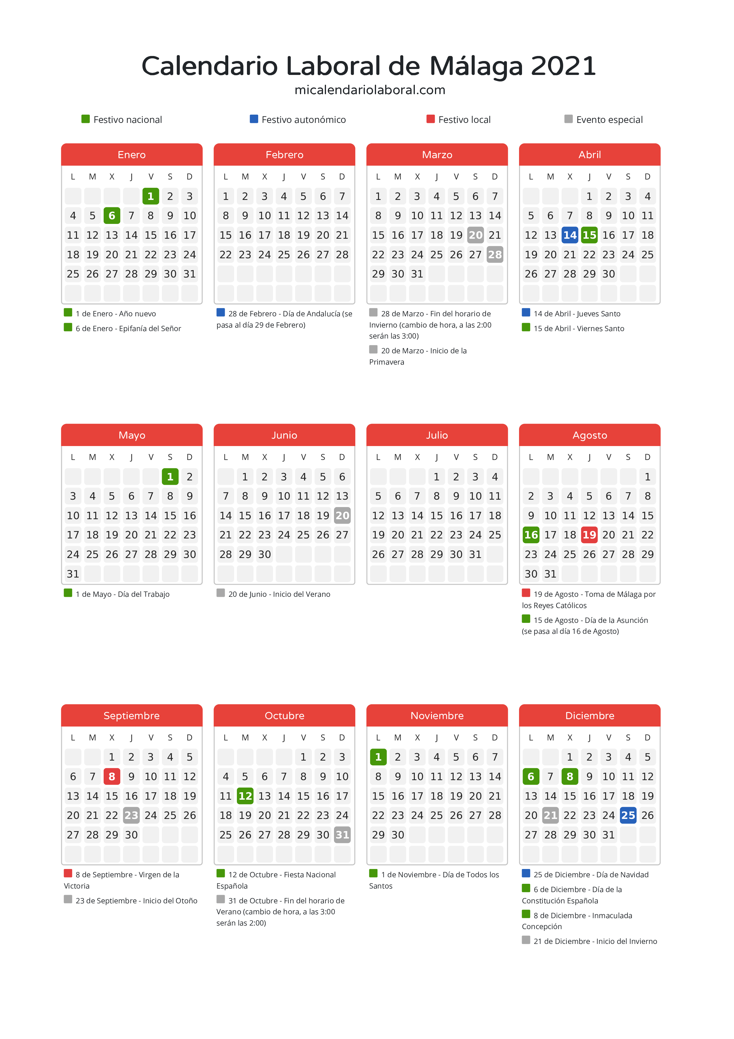 Calendario Laboral de Málaga 2021 - Días festivos - Descubre todos los festivos, días no laborables y días inhábiles en el calendario de Málaga propuestos por Junta de Andalucía. Organiza tus vacaciones y puentes en 2021.