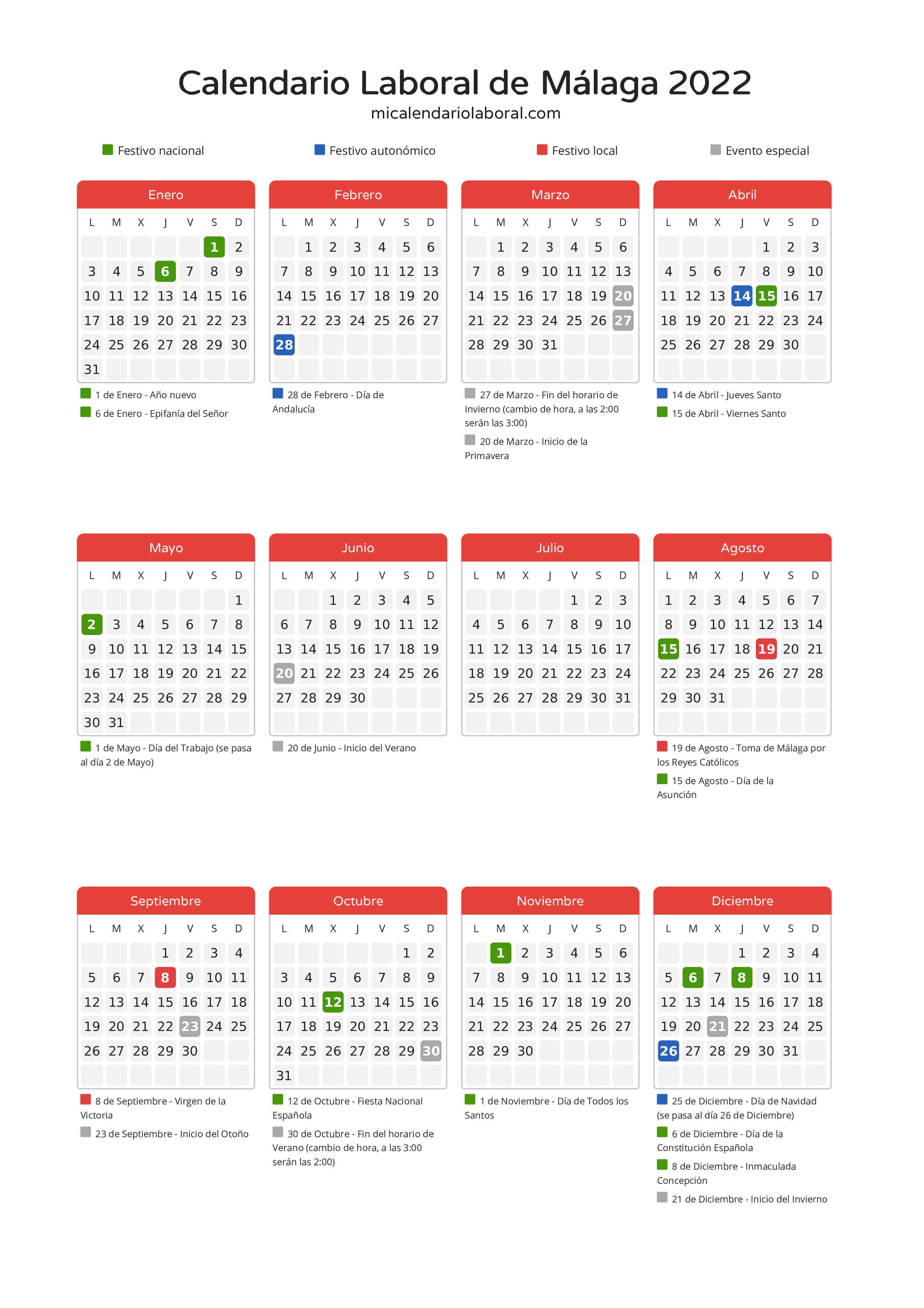 Calendario Laboral de Málaga 2022 - Días festivos - Descubre todos los festivos, días no laborables y días inhábiles en el calendario de Málaga propuestos por Junta de Andalucía. Organiza tus vacaciones y puentes en 2022.
