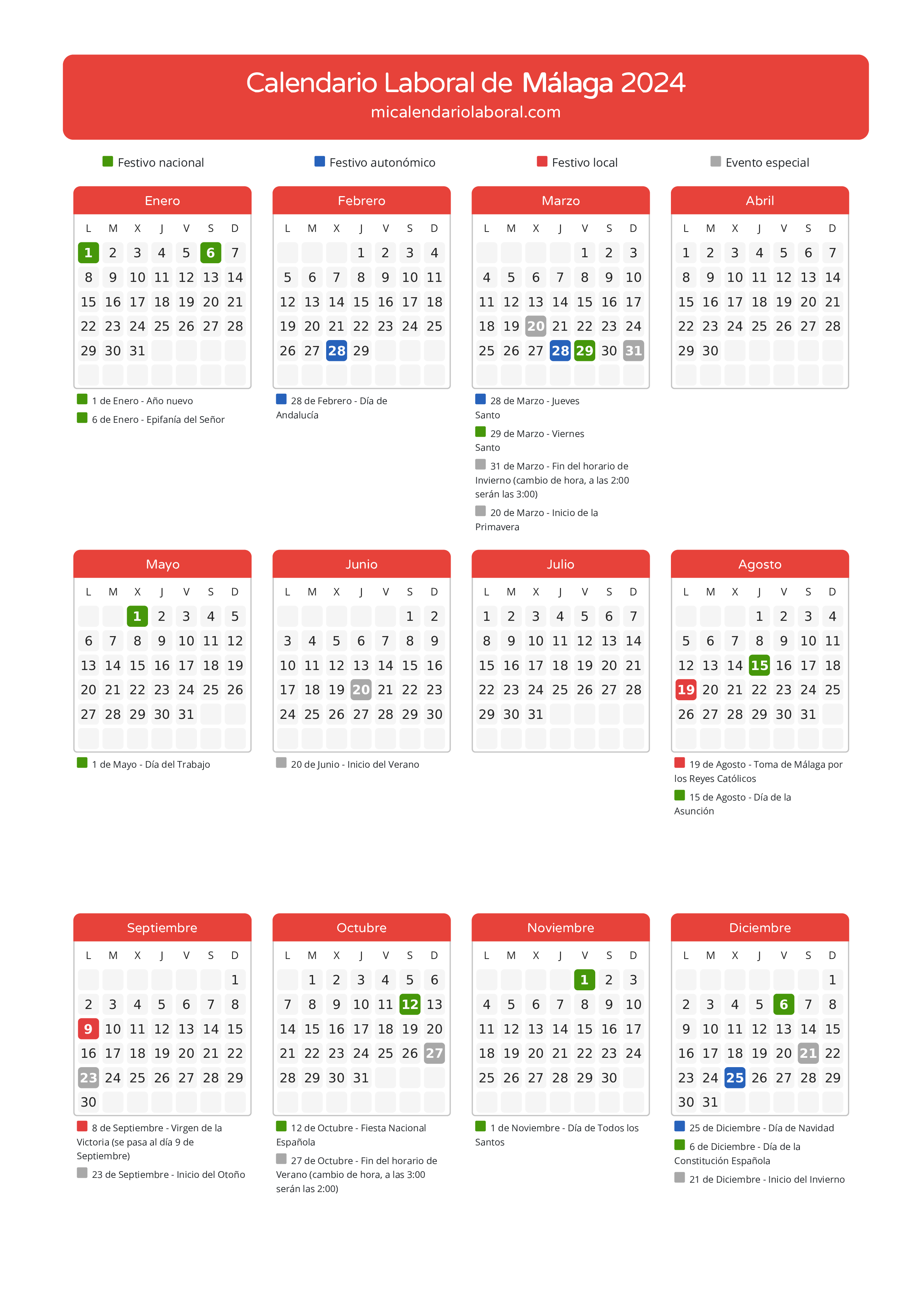 Calendario Laboral de Málaga 2024 - Días festivos - Descubre todos los festivos, días no laborables y días inhábiles en el calendario de la provincia de Málaga propuestos por Junta de Andalucía. Anticípate a los eventos y organiza tus vacaciones y puentes en 2024.