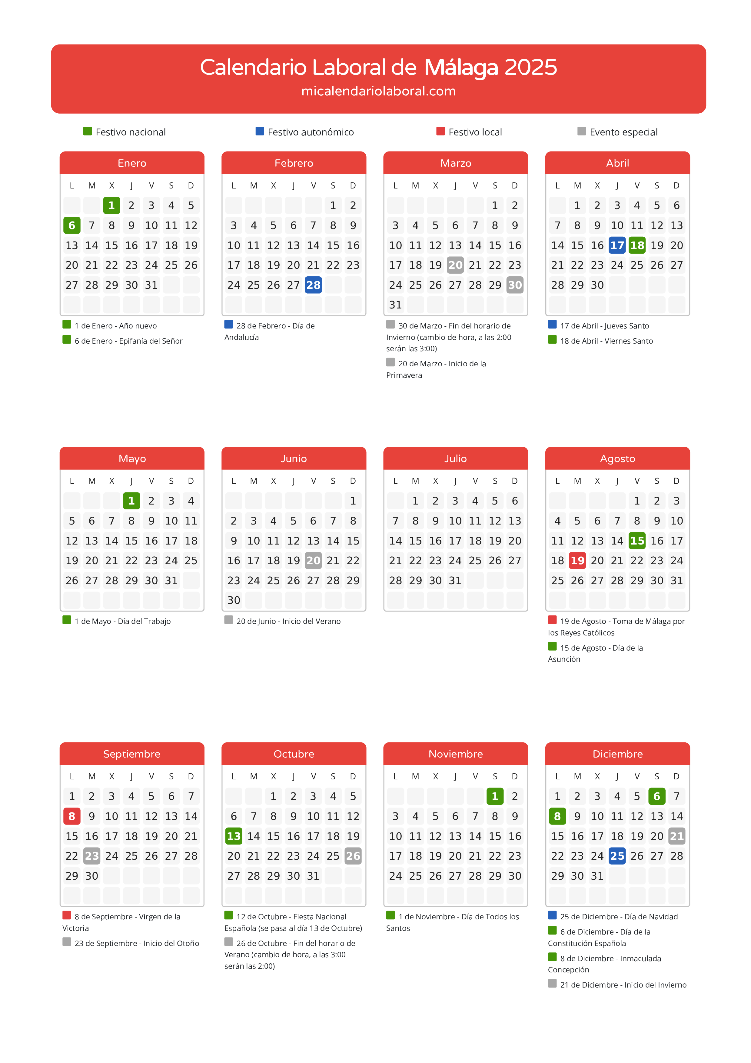 Calendario Laboral de Málaga 2025 - Días festivos - Descubre todos los festivos, días no laborables y días inhábiles en el calendario de la provincia de Málaga propuestos por Junta de Andalucía. Anticípate a los eventos y organiza tus vacaciones y puentes en 2025.