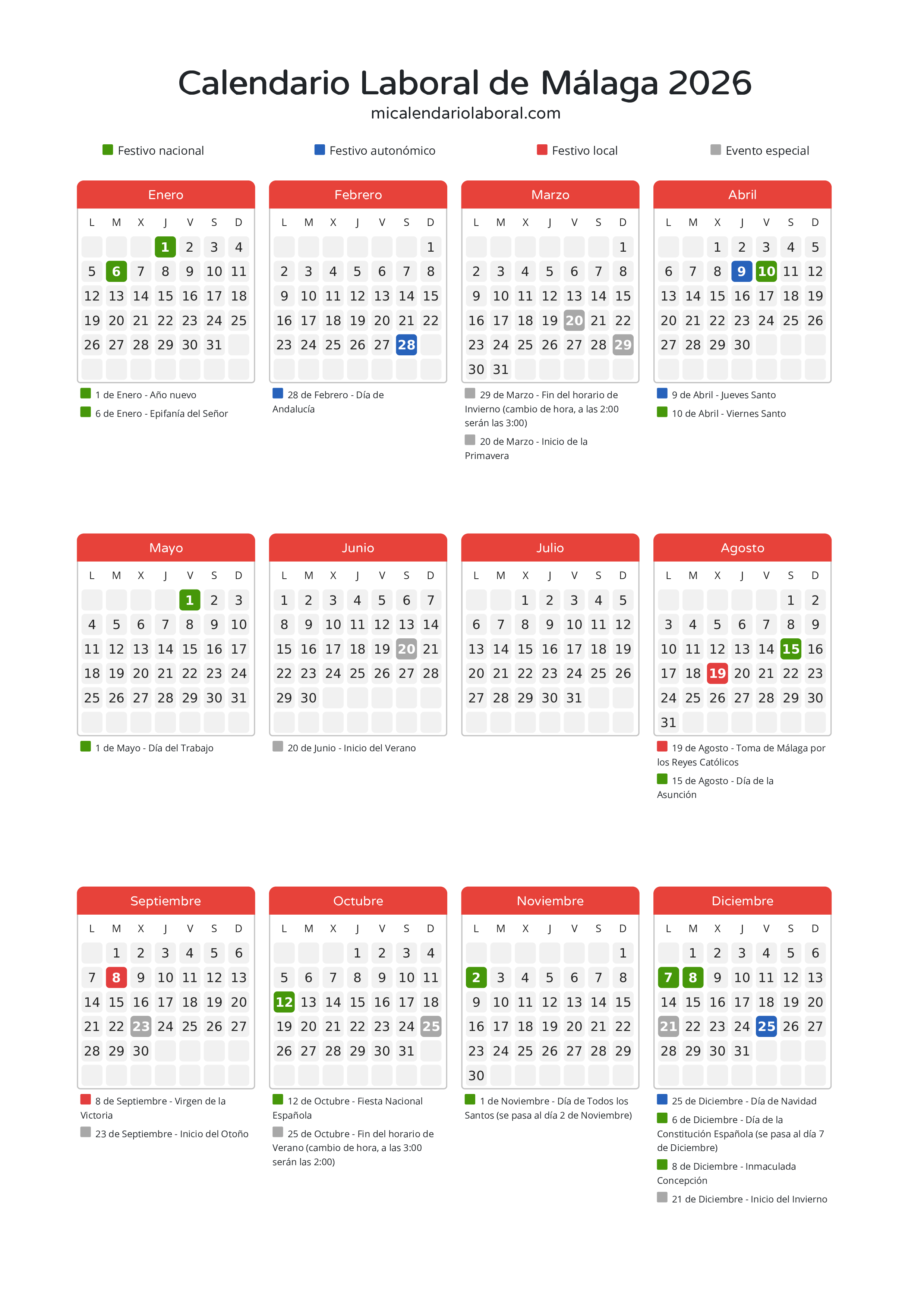 Calendario Laboral de Málaga 2026 - Días festivos - Descubre todos los festivos, días no laborables y días inhábiles en el calendario de Málaga propuestos por Junta de Andalucía. Organiza tus vacaciones y puentes en 2026.