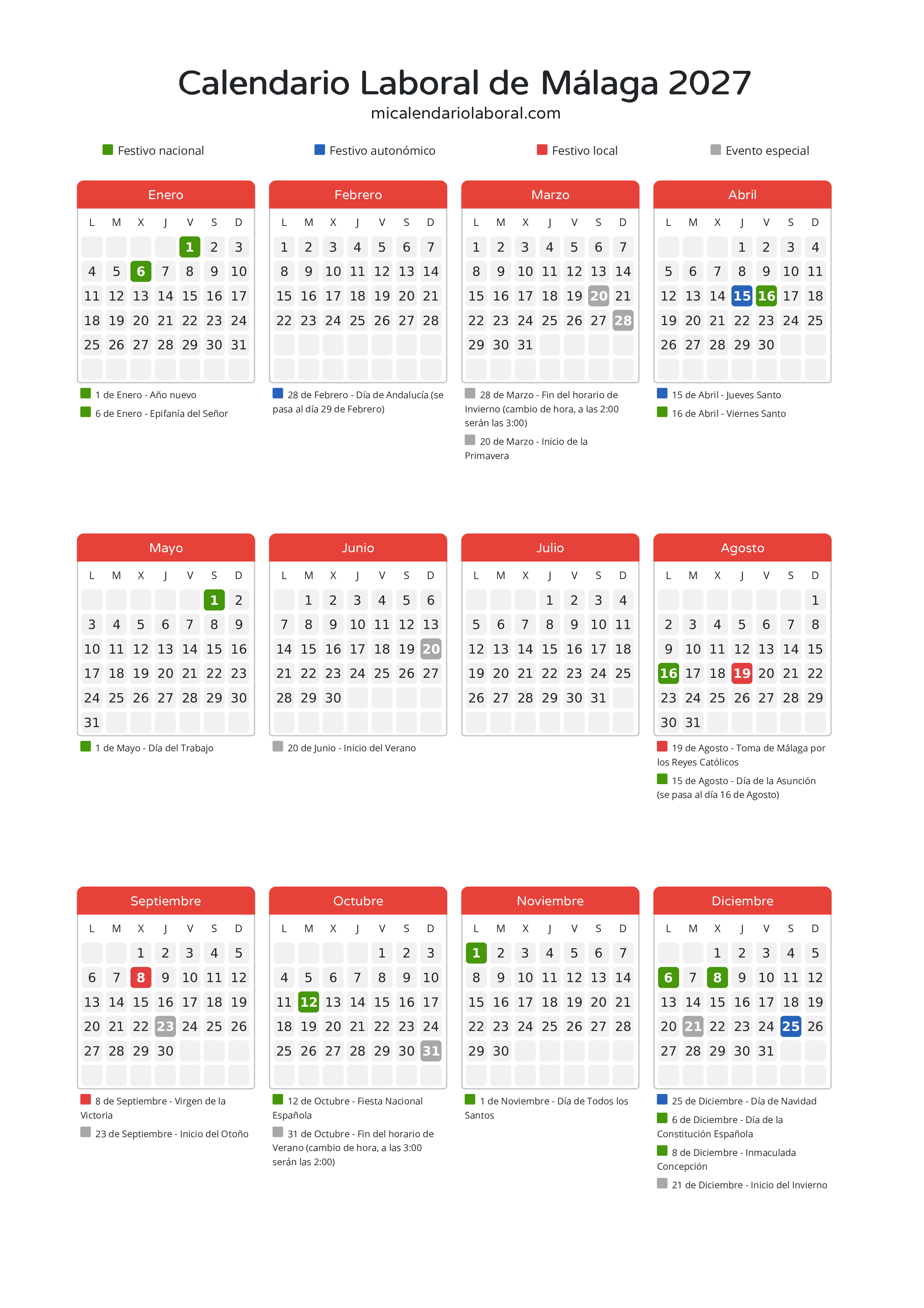 Calendario Laboral de Málaga 2027 - Días festivos - Descubre todos los festivos, días no laborables y días inhábiles en el calendario de Málaga propuestos por Junta de Andalucía. Organiza tus vacaciones y puentes en 2027.