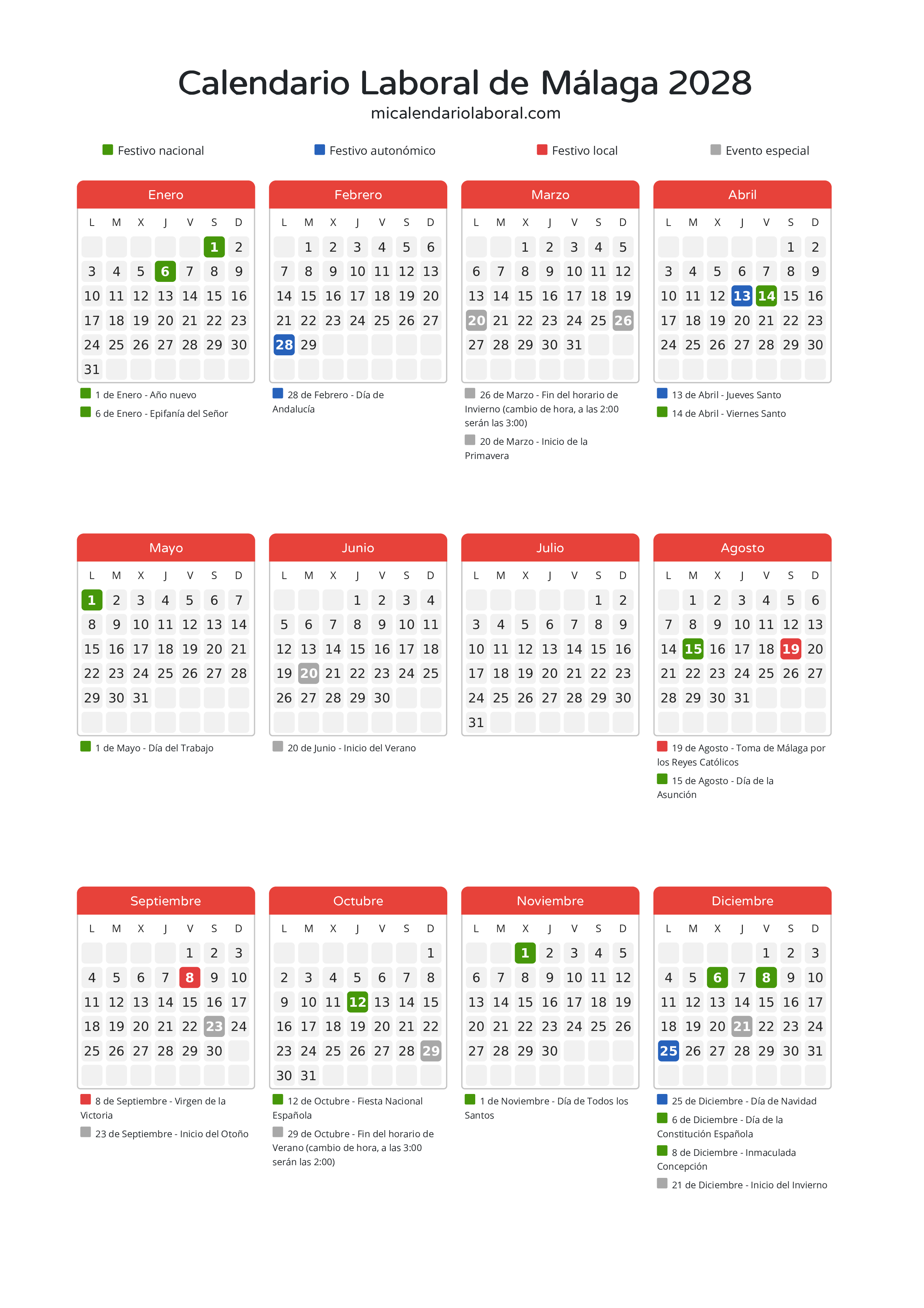 Calendario Laboral de Málaga 2028 - Días festivos - Descubre todos los festivos, días no laborables y días inhábiles en el calendario de Málaga propuestos por Junta de Andalucía. Organiza tus vacaciones y puentes en 2028.