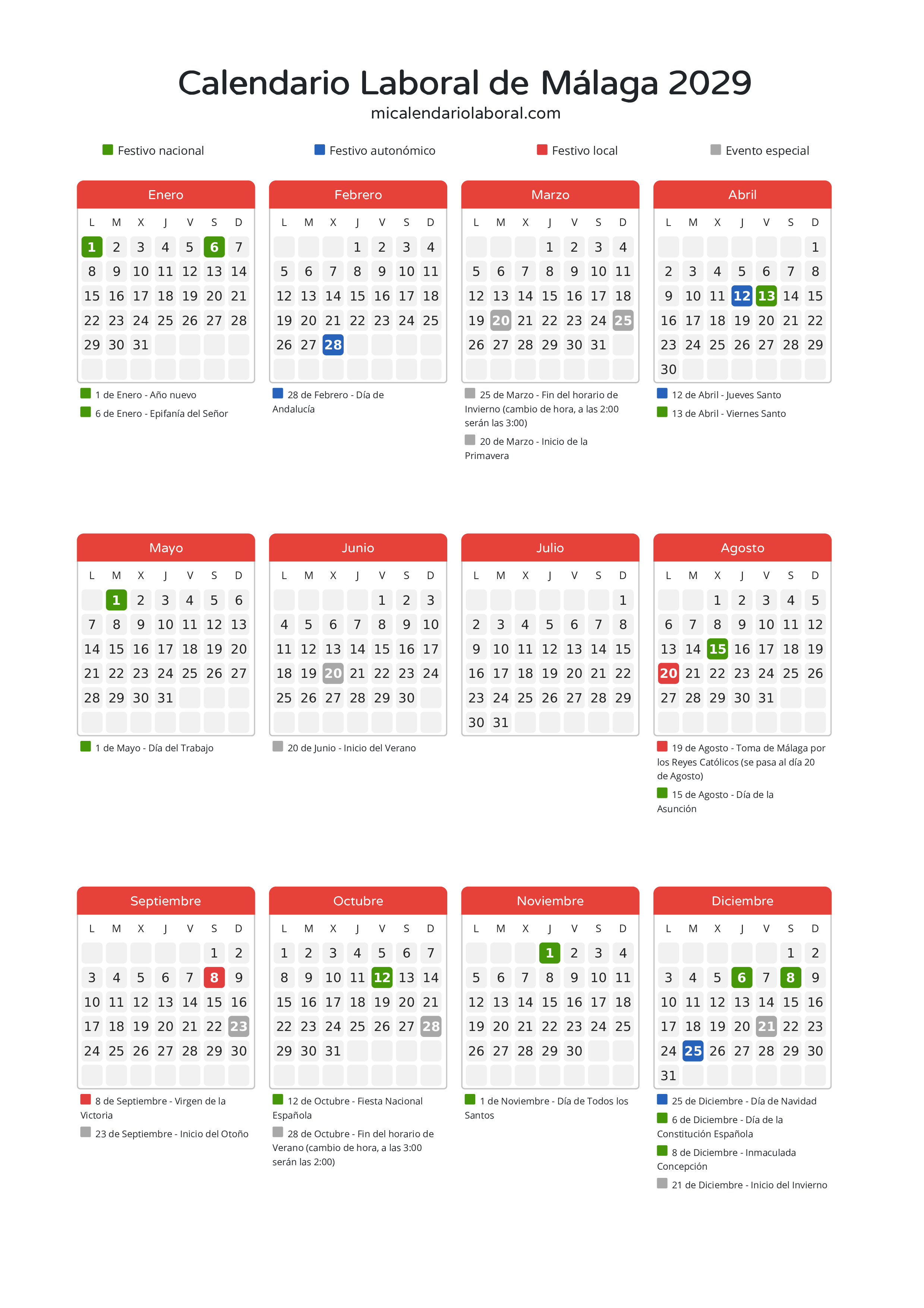 Calendario Laboral de Málaga 2029 - Días festivos - Descubre todos los festivos, días no laborables y días inhábiles en el calendario de Málaga propuestos por Junta de Andalucía. Organiza tus vacaciones y puentes en 2029.