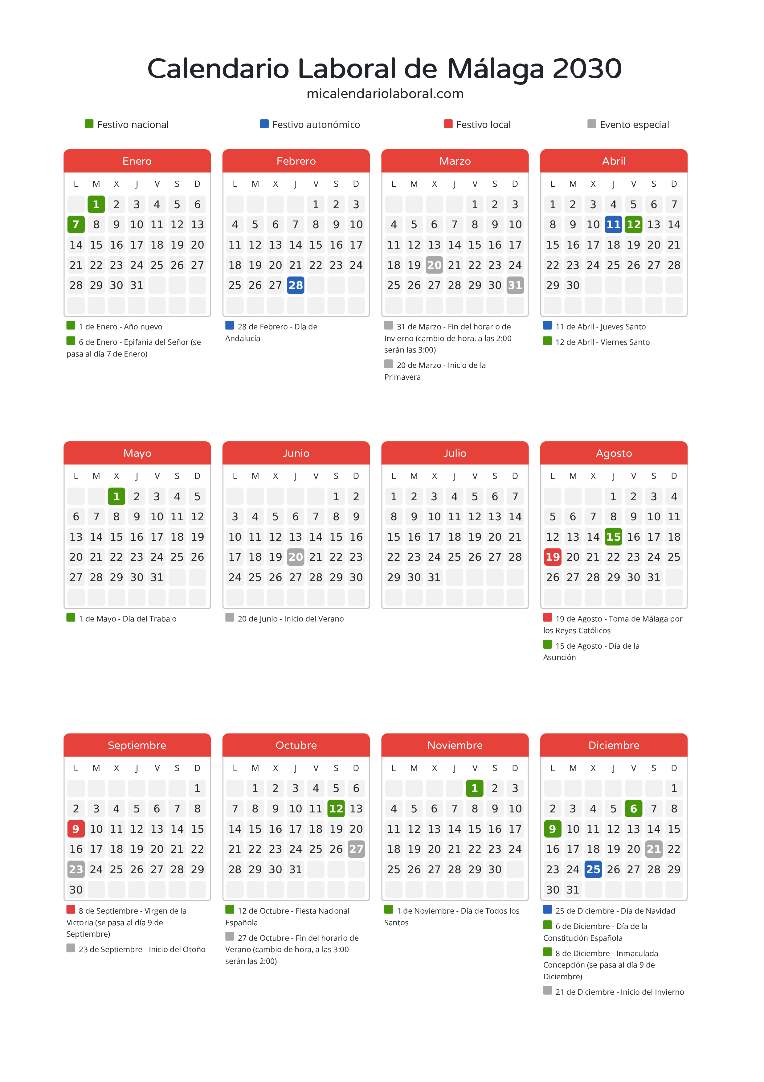 Calendario Laboral de Málaga 2030 - Días festivos - Todos los festivos y días no laborables del calendario de Málaga propuestos por Junta de Andalucía. Organiza tus vacaciones y puentes en 2030.